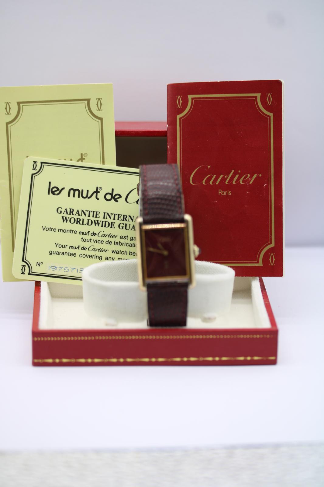 Serbatoio Must de Cartier  Quadrante borgogna  Carica manuale  Vermeil  1981 in vendita 6