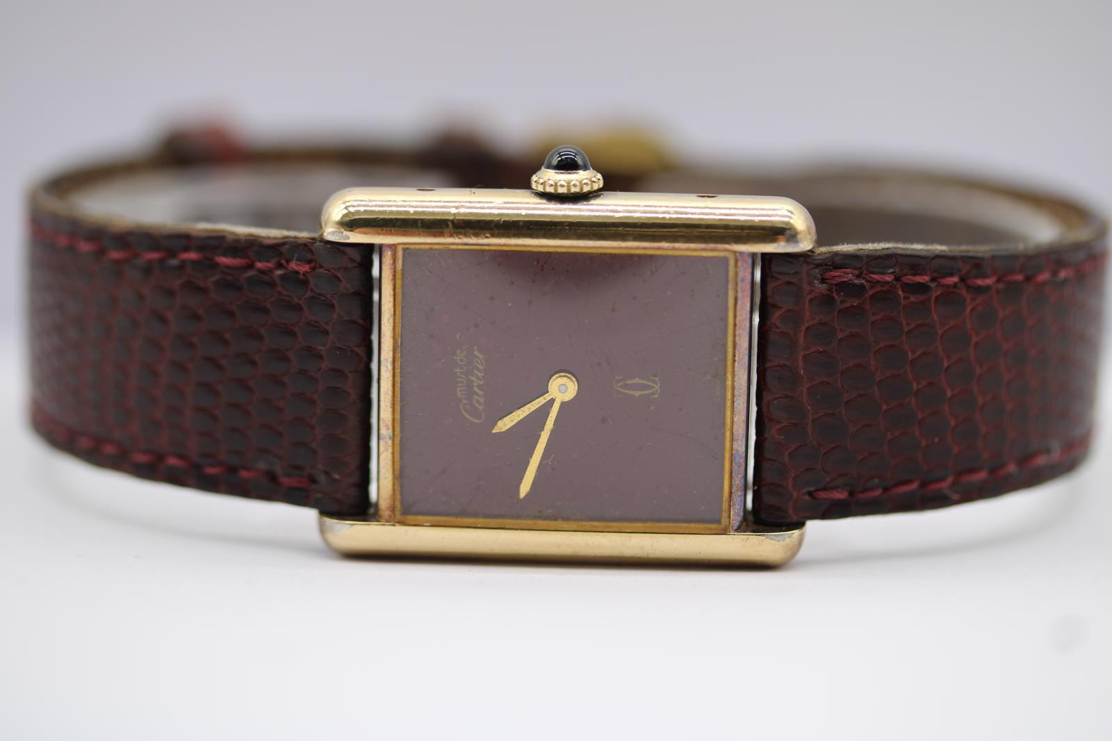 Serbatoio Must de Cartier  Quadrante borgogna  Carica manuale  Vermeil  1981 in vendita 8