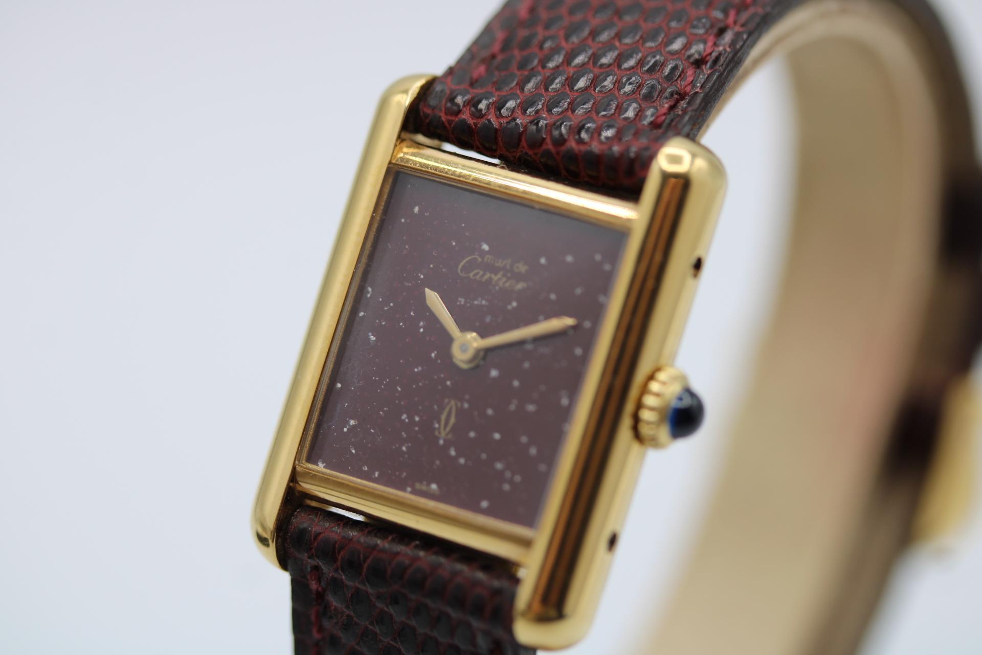 De las mujeres Cartier Must de Cartier Tank Esfera Borgoña Viento Manual Vintage Vermeil En caja
