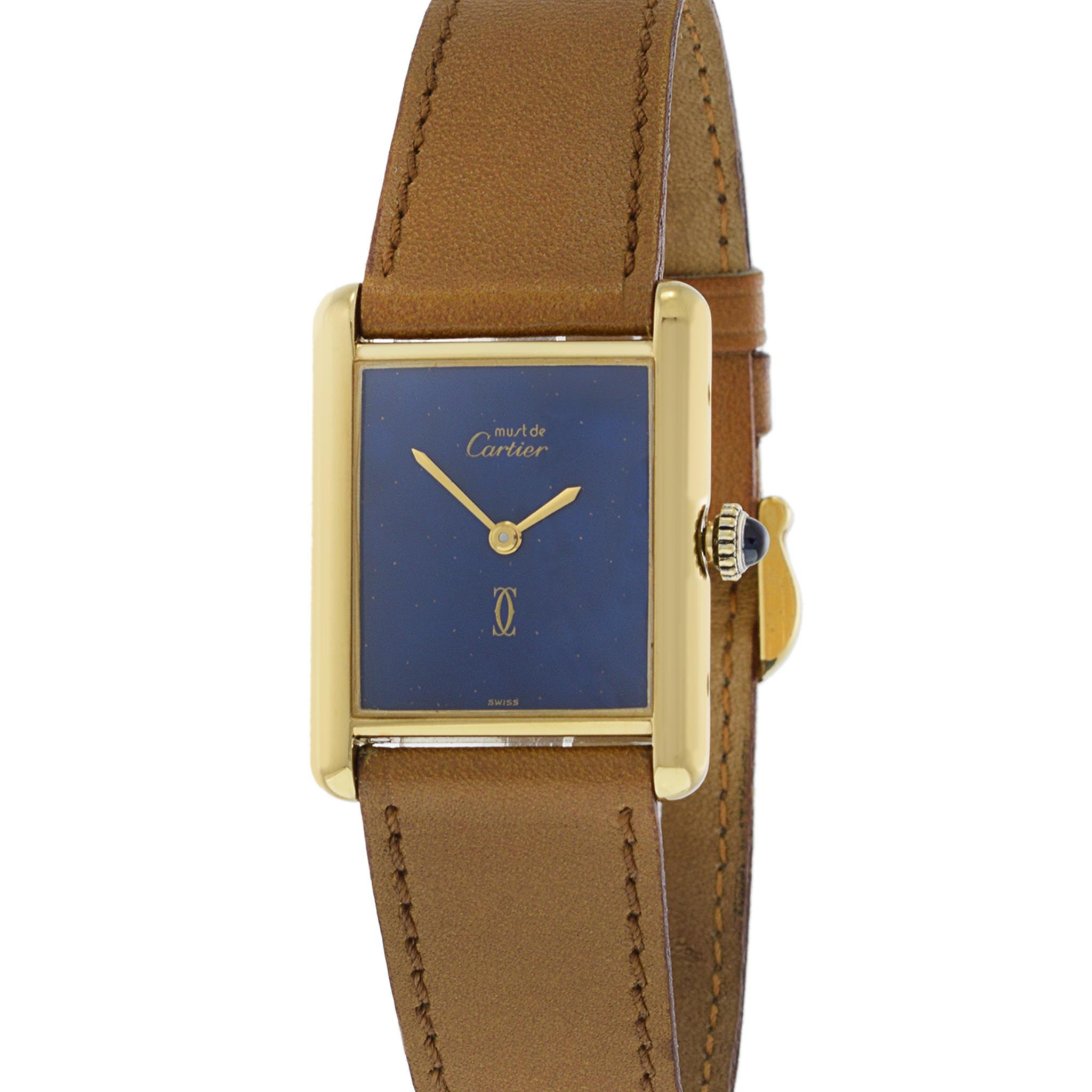 Square Cut Cartier Must de Cartier Vermeil Manual Wind Tank Watch Lapis Dial 1970's