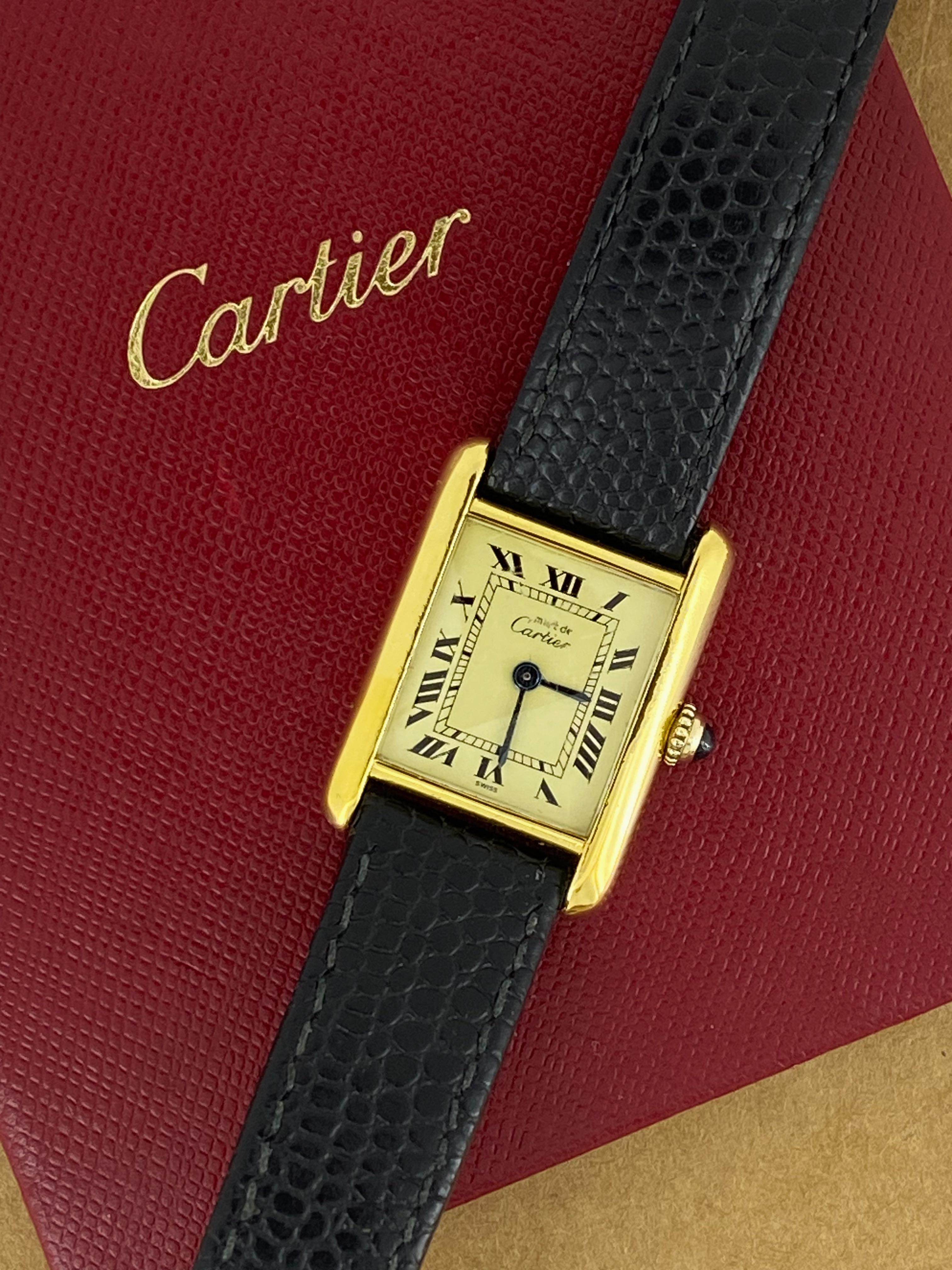 Being one of the most coveted & desirable timepieces, 
this iconic & timeless Cartier Tank Must de Cartier 
is in excellent working order 

The desirable rectangular Case is 
beautifully proportioned, measuring 28mm x 21mm 
performed in silver gilt