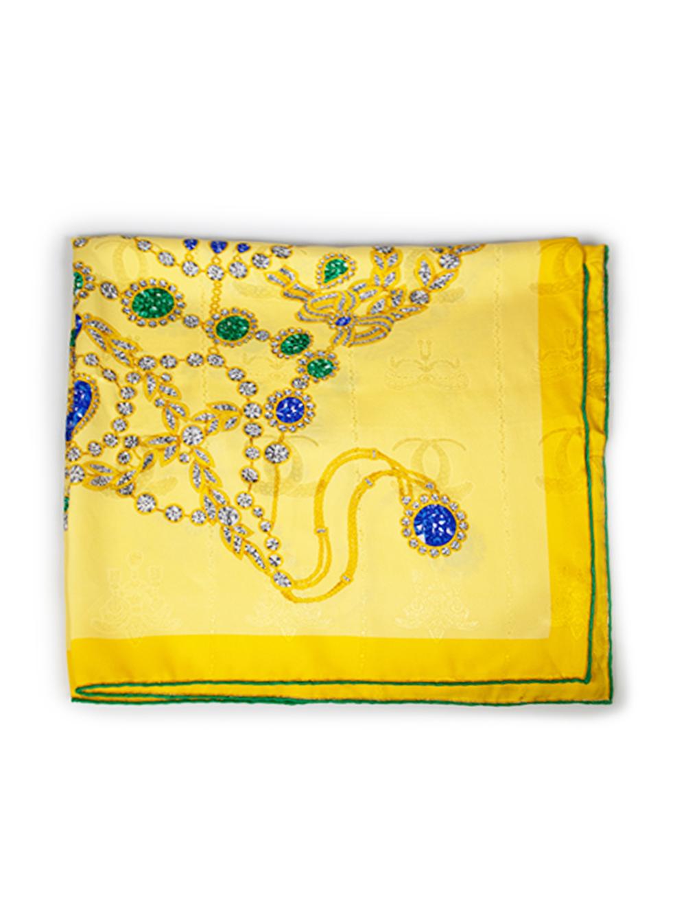 CONDITION is Very Good. Hardly any visible wear to the scarf is evident on this Cartier designer resale item.
  
  Details
  
  
  Must De Cartier
  
  Yellow 
  
  Silk 
  
  Scarf 
  
  Abstract print 
  
  Green rolled edges 
  
  
  
  
  
  
 