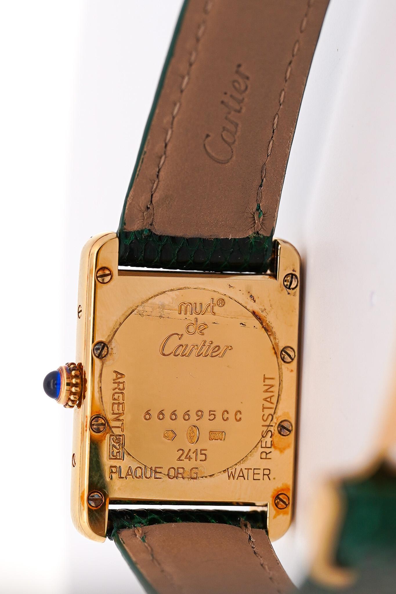Women's or Men's Cartier Must de Tank ref. 2415 Watch On Green/Black Leather With Box & Papers