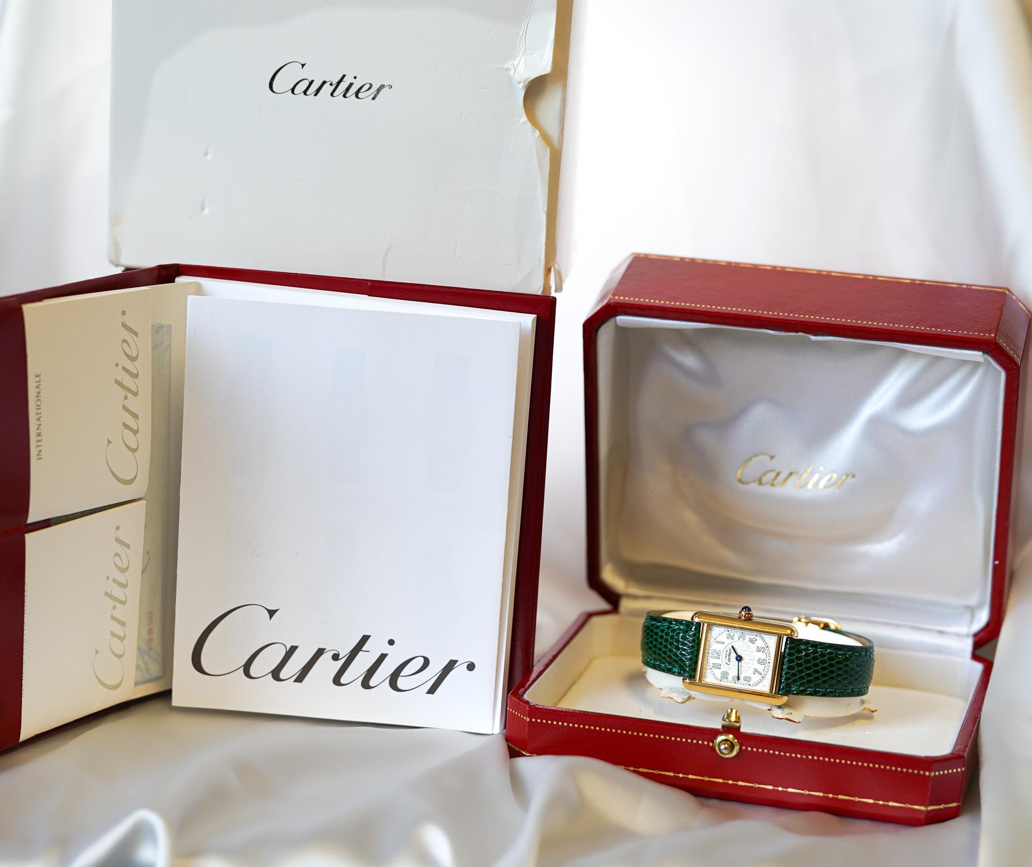 Cartier Must de Tank ref. 2415 Watch On Green/Black Leather With Box & Papers 2