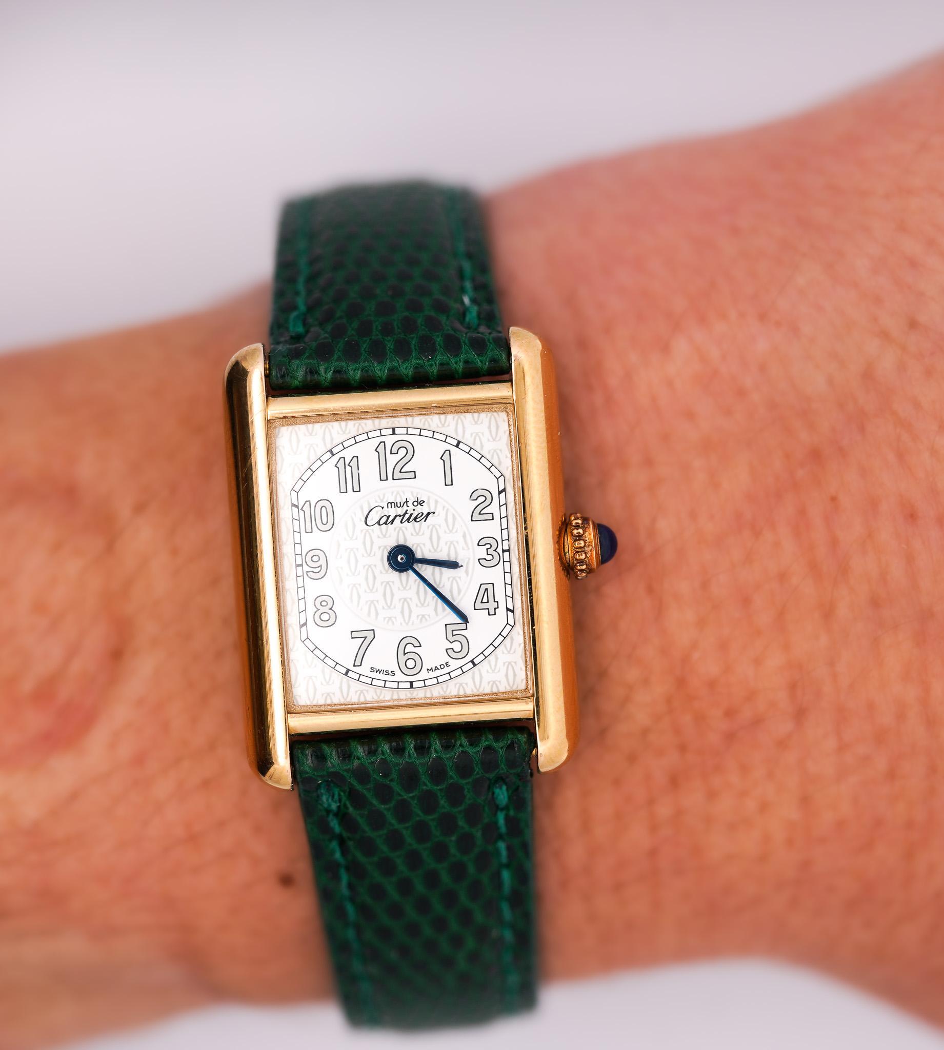 Cartier Must de Tank ref. 2415 Watch On Green/Black Leather With Box & Papers 3