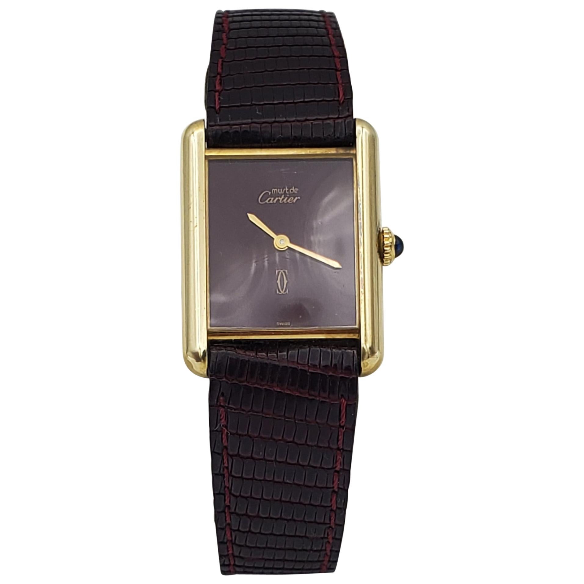 Cartier Must De Vermeil Tank Watch, Burgundy/Brown Tank, 1970s, Made in France