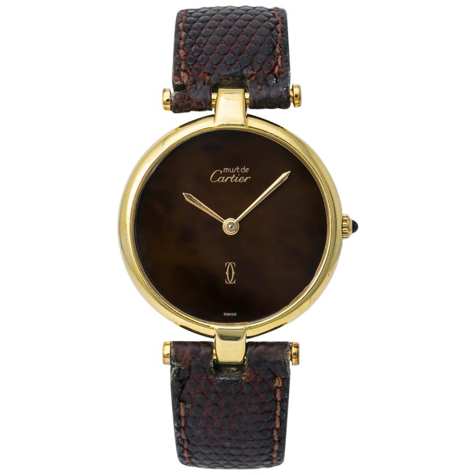Cartier Must De Vintage Unisex Quartz Watch Gold-Plated 925 Rare Wood Dial For Sale