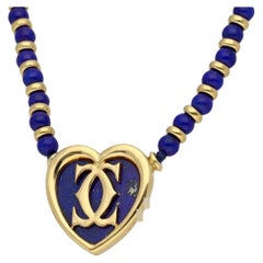 Vintage Cartier MUST Heart Double C Lapis lazuli 18K Yellow Gold Pendant Necklace