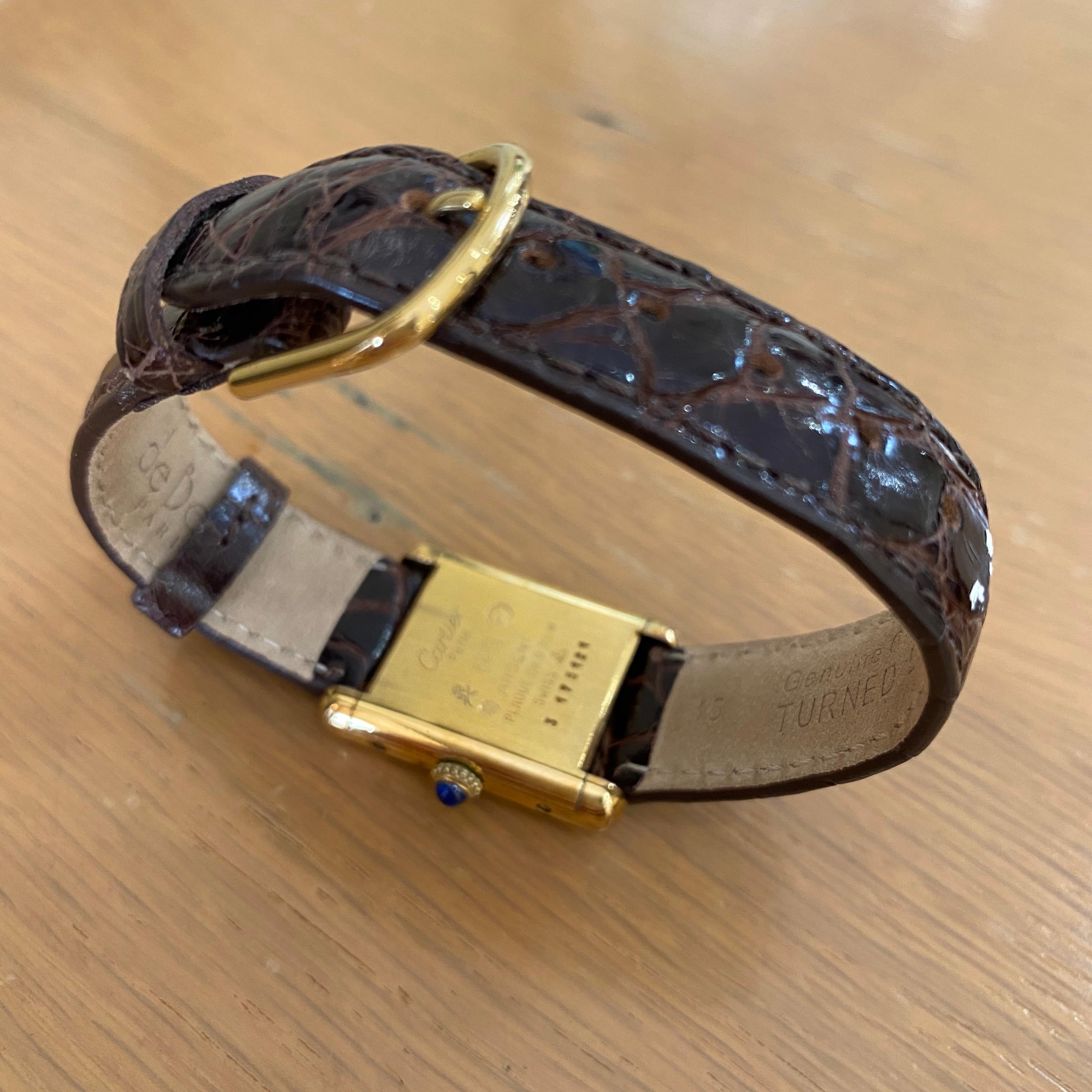 Cartier Must Tank Mechanical Tri-Tone Dial Yellow Vermeil Watch on Leather Strap In Good Condition In Carmel-by-the-Sea, CA