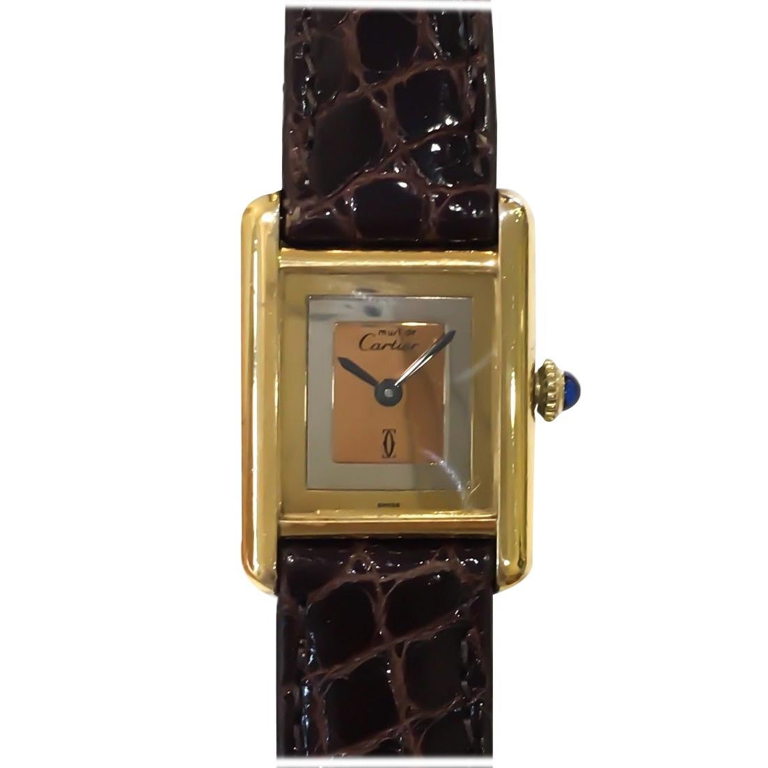 Cartier Must Tank Mechanical Tri-Tone Dial Yellow Vermeil Watch on Leather Strap
