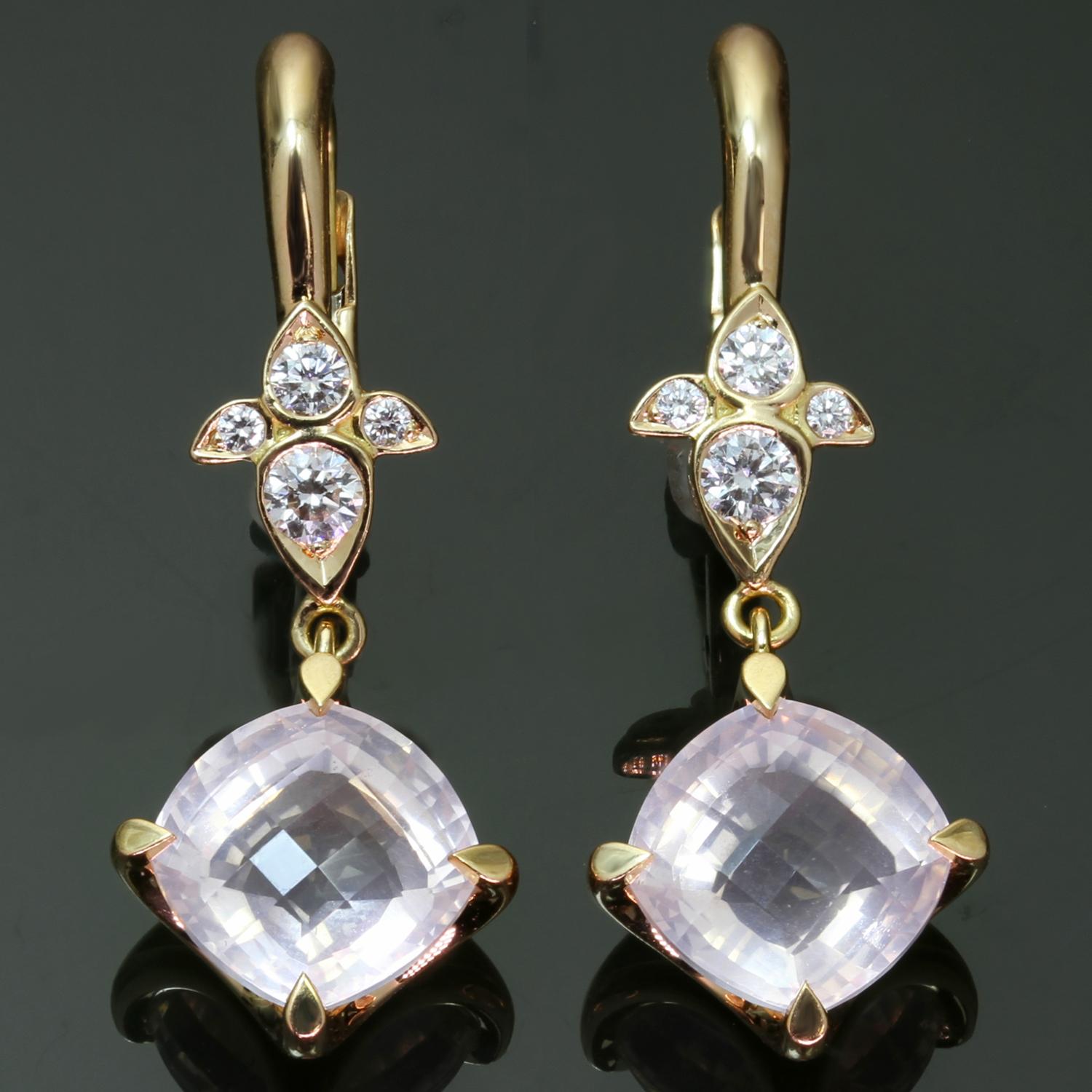 These fabulous dangling earrings from Cartier's elegant Mysterieuse collection are crafted in 18k rose gold and set with faceted rose quartz and accented with brilliant-cut round D-E-F VVS1-VVS2 diamonds. Made in France circa 2010s. Measurements:
