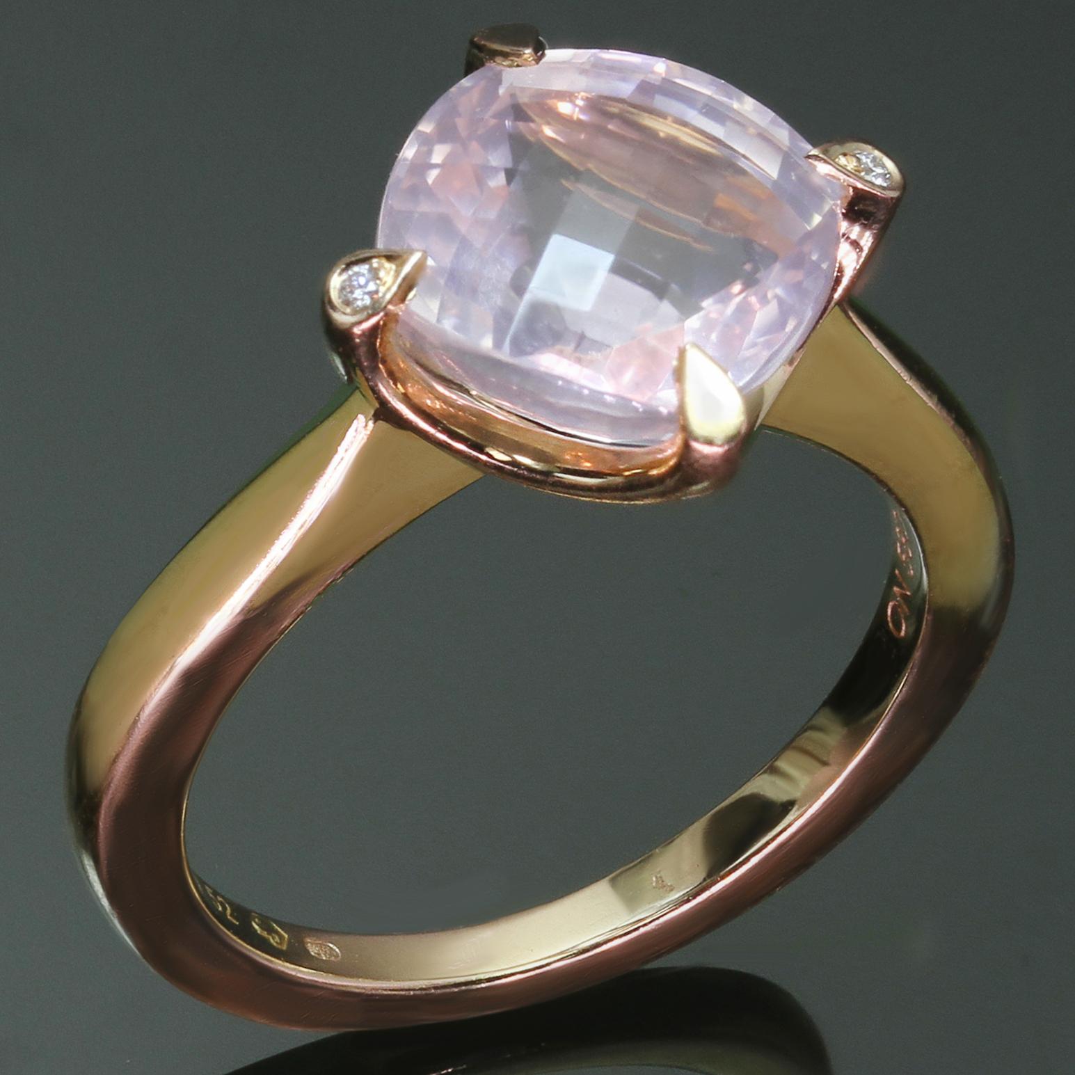 This fabulous ring from Cartier's elegant Mysterieuse collection is crafted in 18k rose gold and set with a faceted rose quartz and accented with a pair of brilliant-cut round D-E-F VVS1-VVS2 diamonds. Made in France circa 2010s. Measurements: 0.47