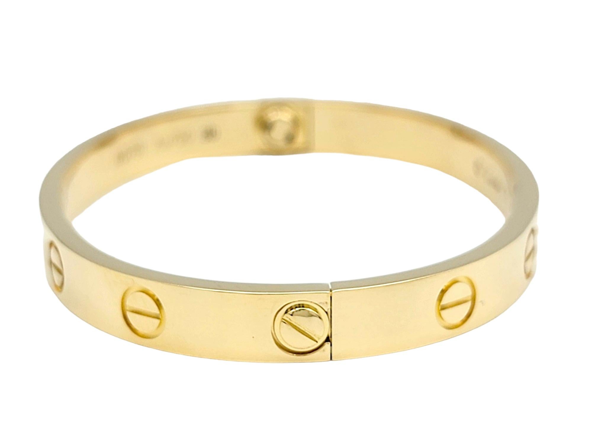 The inner circumference of this bracelet measures 5.5 inches and will comfortably fit a 5 - 5.25 inch wrist. 

This timeless and elegant Cartier Love bangle bracelet, crafted in exquisite 18 karat yellow gold is crafted to impress. Renowned for its