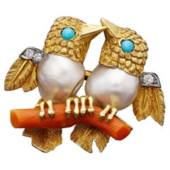 Cartier Natural Oriental Pearl Gold Diamond and Gem-Set Love Bird Brooch