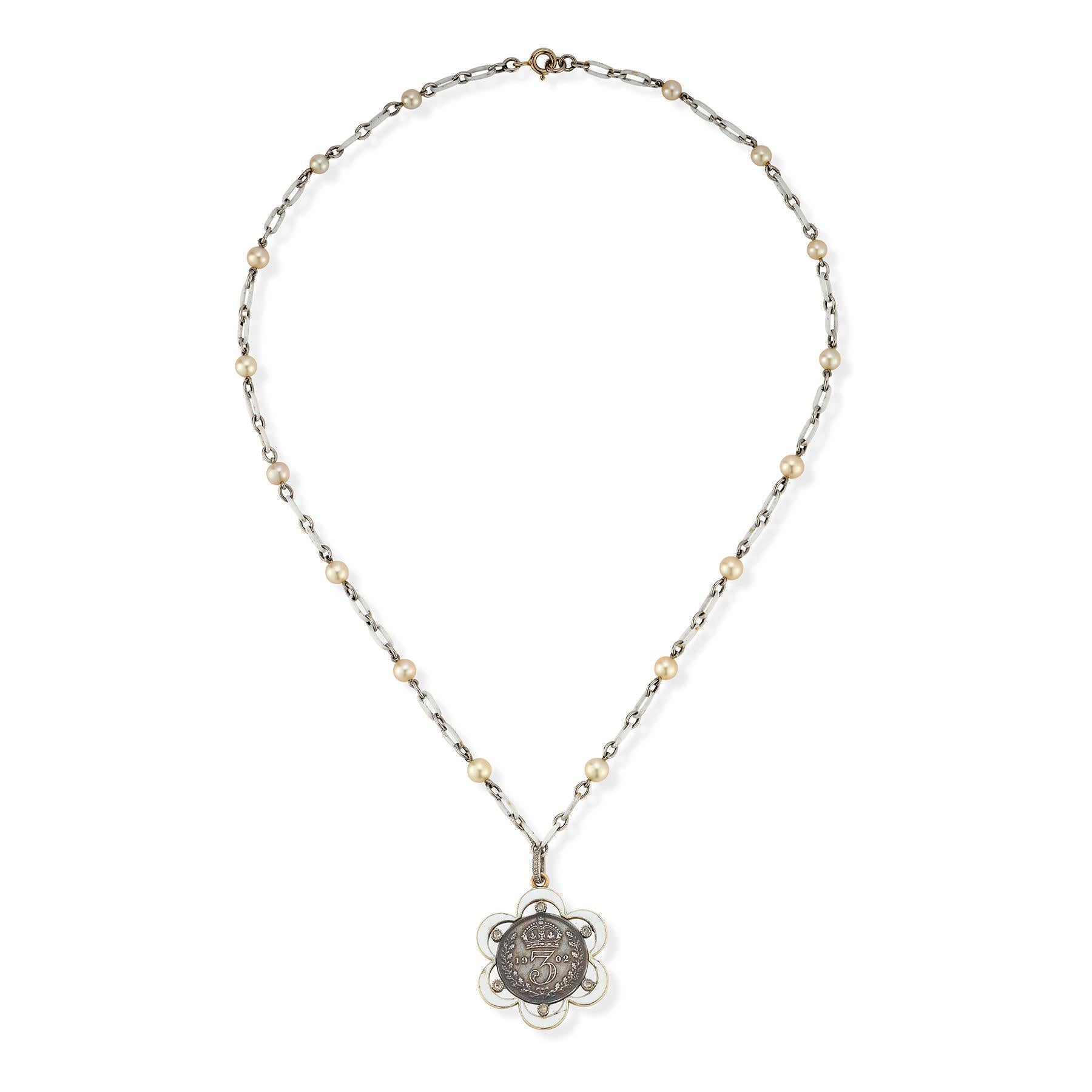 Cartier Pearl & Diamond Ancient Coin Necklace,  white enamel & pearl chain attaching an ancient coin with diamonds & enamel surrounding .

Measurements: 15.5