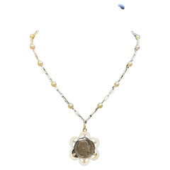 Cartier Natural Pearl Diamond White Enamel and Ancient Coin Necklace