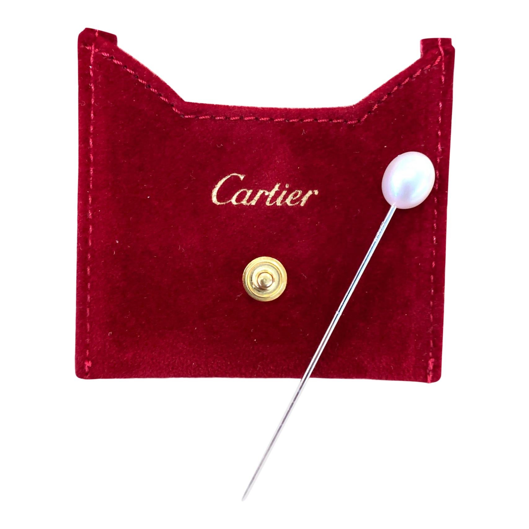 Cartier Natural White Oval Pearl Platinum Vintage Stick Pin GIA Certified