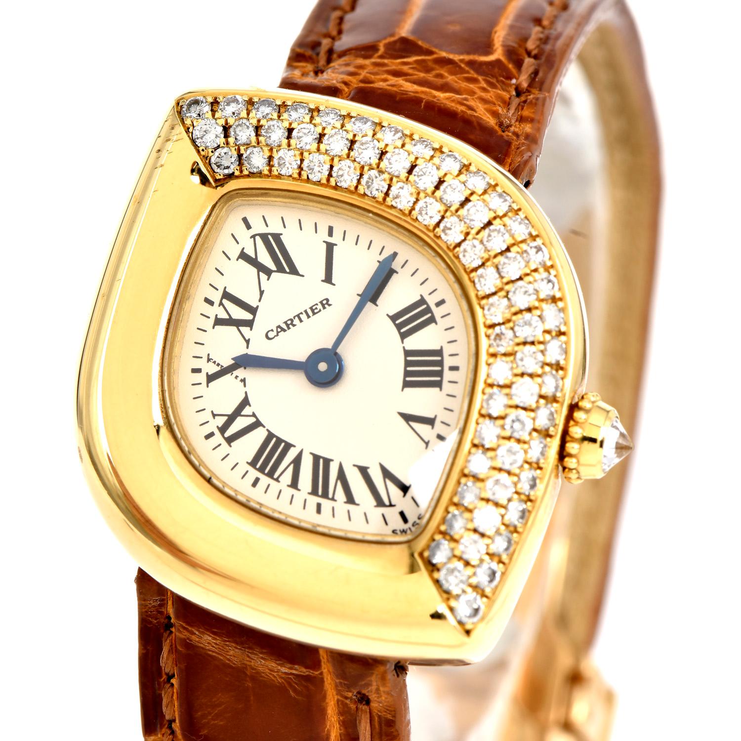 This Cartier 2000s Navette Diamond 18K Gold Vintage Ladies Watch is a delicate example of Cartier’s innovative designs, Reference number REF. 2351,

 Weighing 41.1 grams & Bezel crafted in solid heavy 18k yellow gold with a Genuine Leather