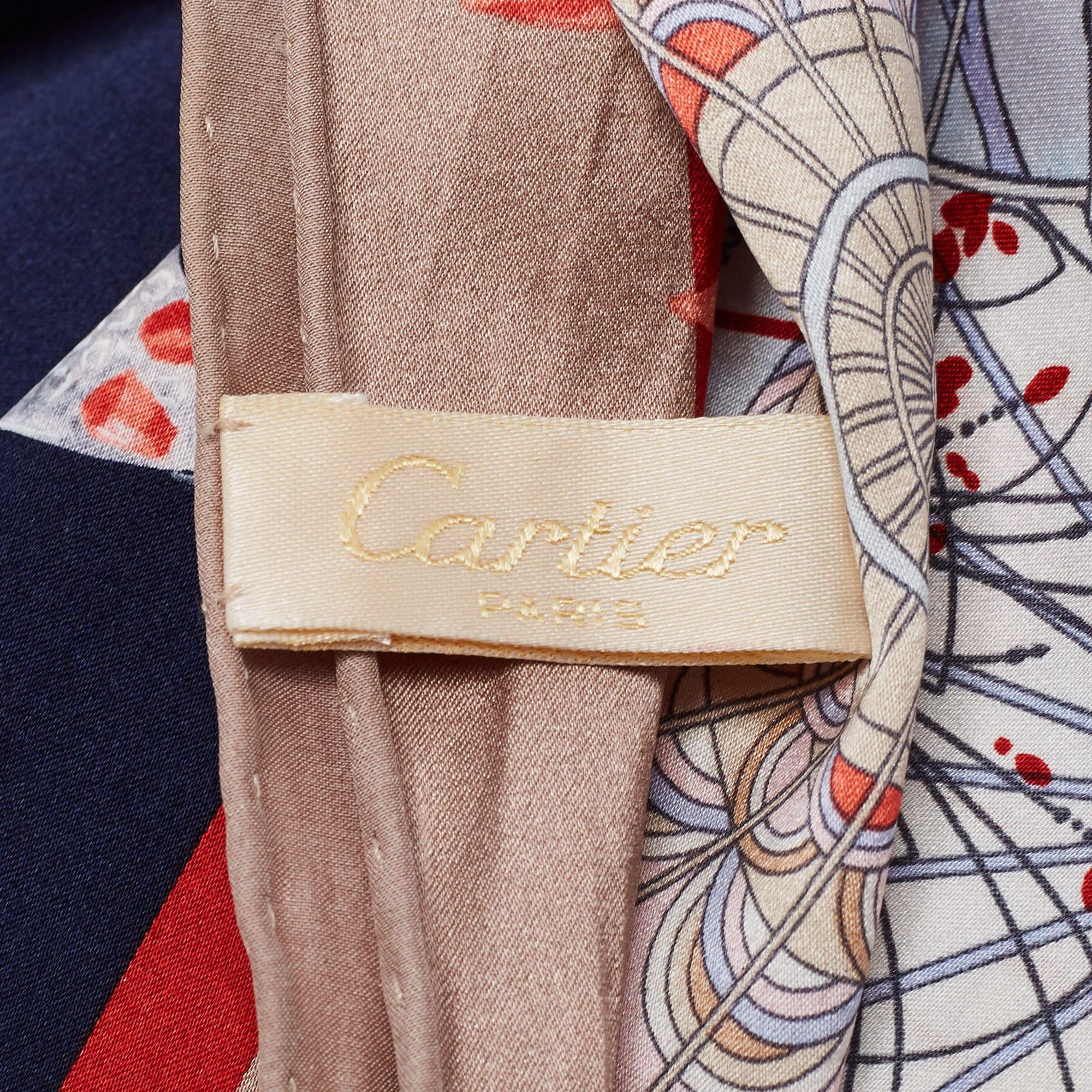 Cartier Navy Blue Floral Printed Silk Square Scarf In Good Condition In Dubai, Al Qouz 2