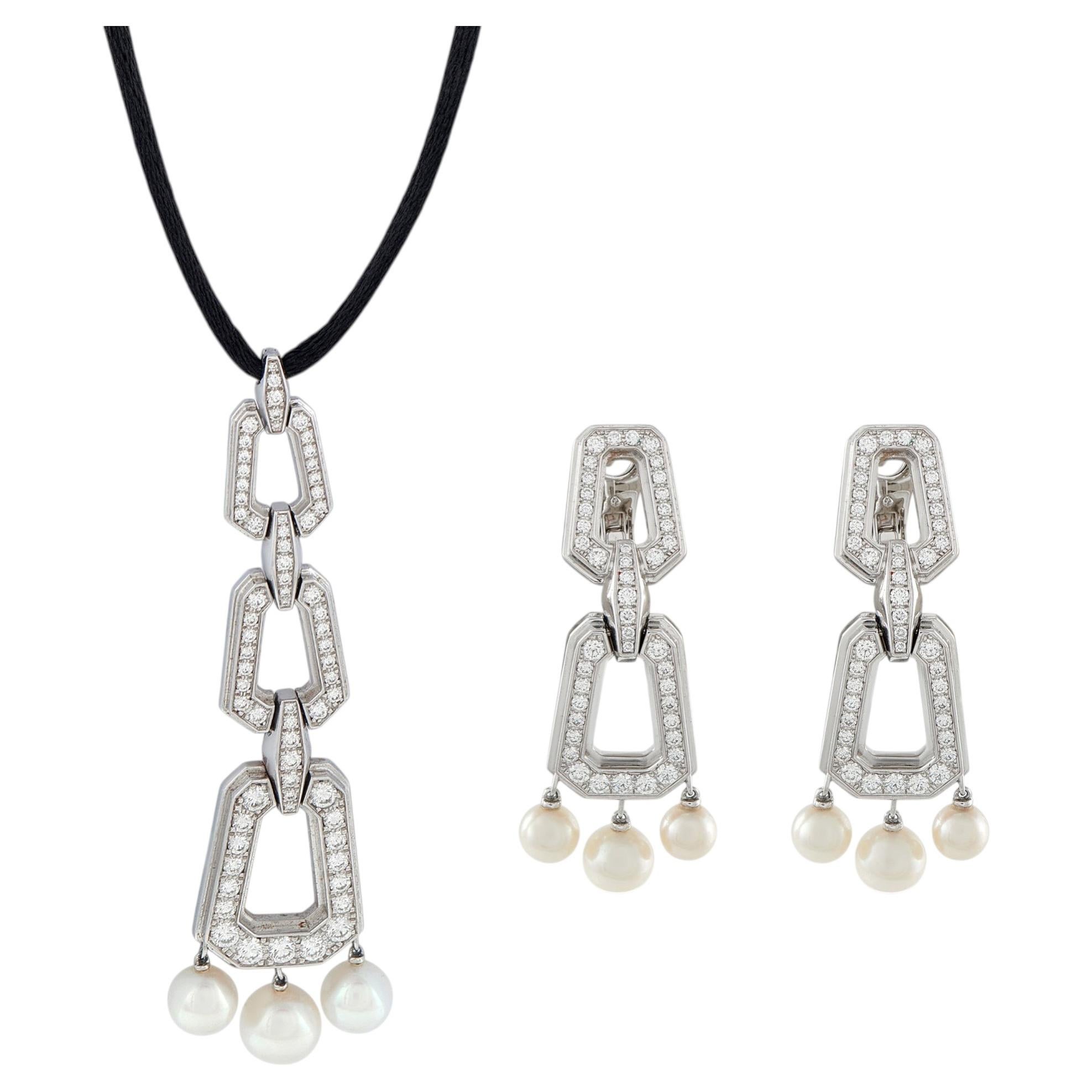 Cartier Necklace and Earring Set White Gold Diamond and Pearl For Sale