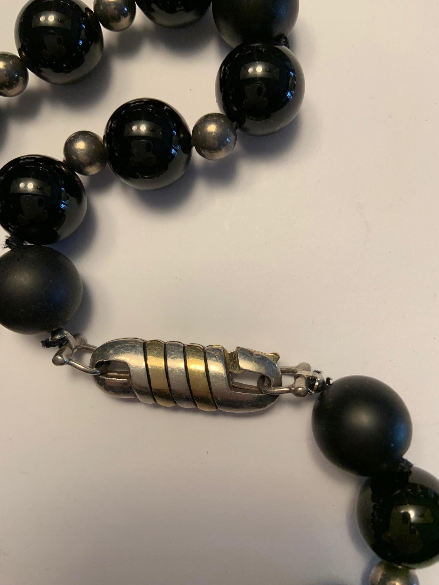 Cartier Necklace Matte and Polished Onyx & Silver Beads Silver & Gold Clasp  In Excellent Condition In New Hope, PA