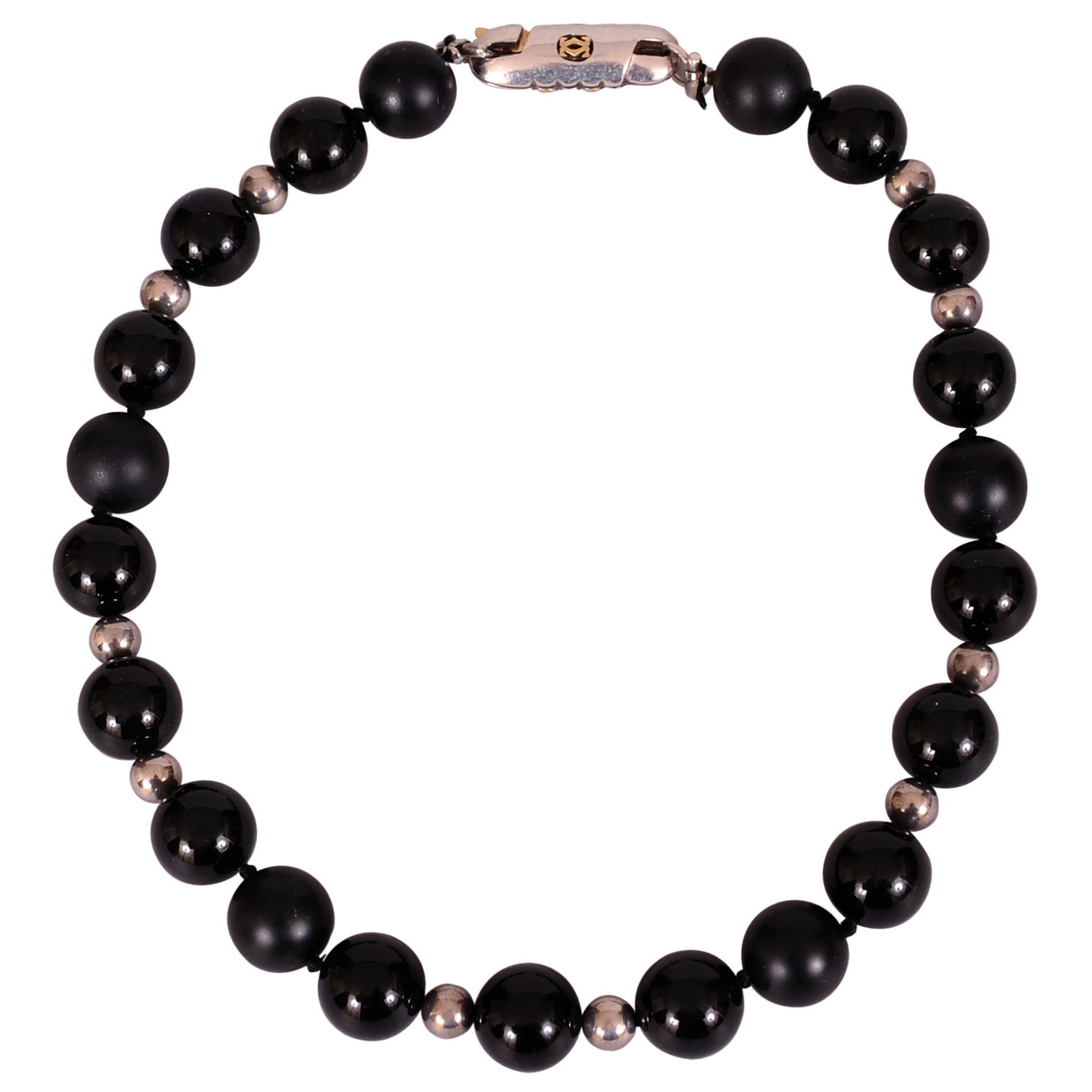 Cartier Necklace Matte and Polished Onyx & Silver Beads Silver & Gold Clasp 
