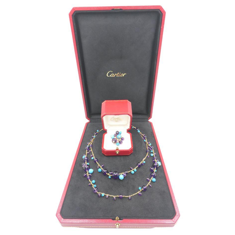 Bead Cartier Necklace & Ring Set 18k Gold Amethyst Turquoise Diamond Box & Cert. For Sale