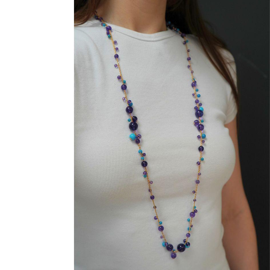 Cartier Necklace & Ring Set 18k Gold Amethyst Turquoise Diamond Box & Cert. In Excellent Condition For Sale In Beverly Hills, CA