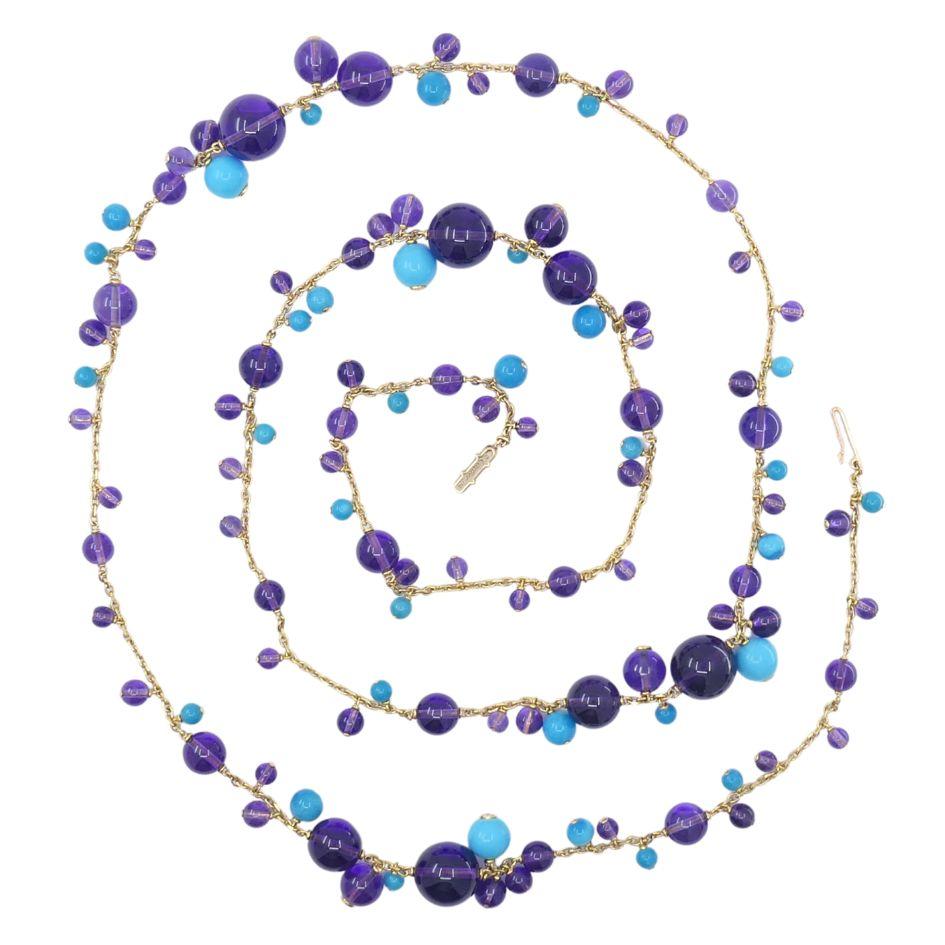 Cartier Necklace & Ring Set 18k Gold Amethyst Turquoise Diamond Box & Cert. For Sale 1