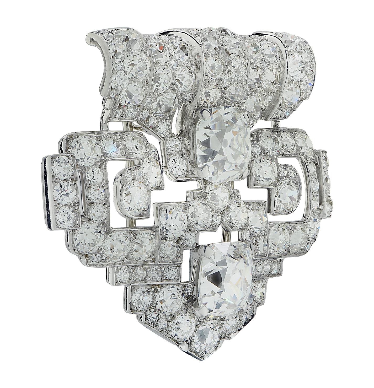 Art Deco Cartier New York GIA Certified 11.24 Carat Old Mine Cushion Diamond Brooch For Sale
