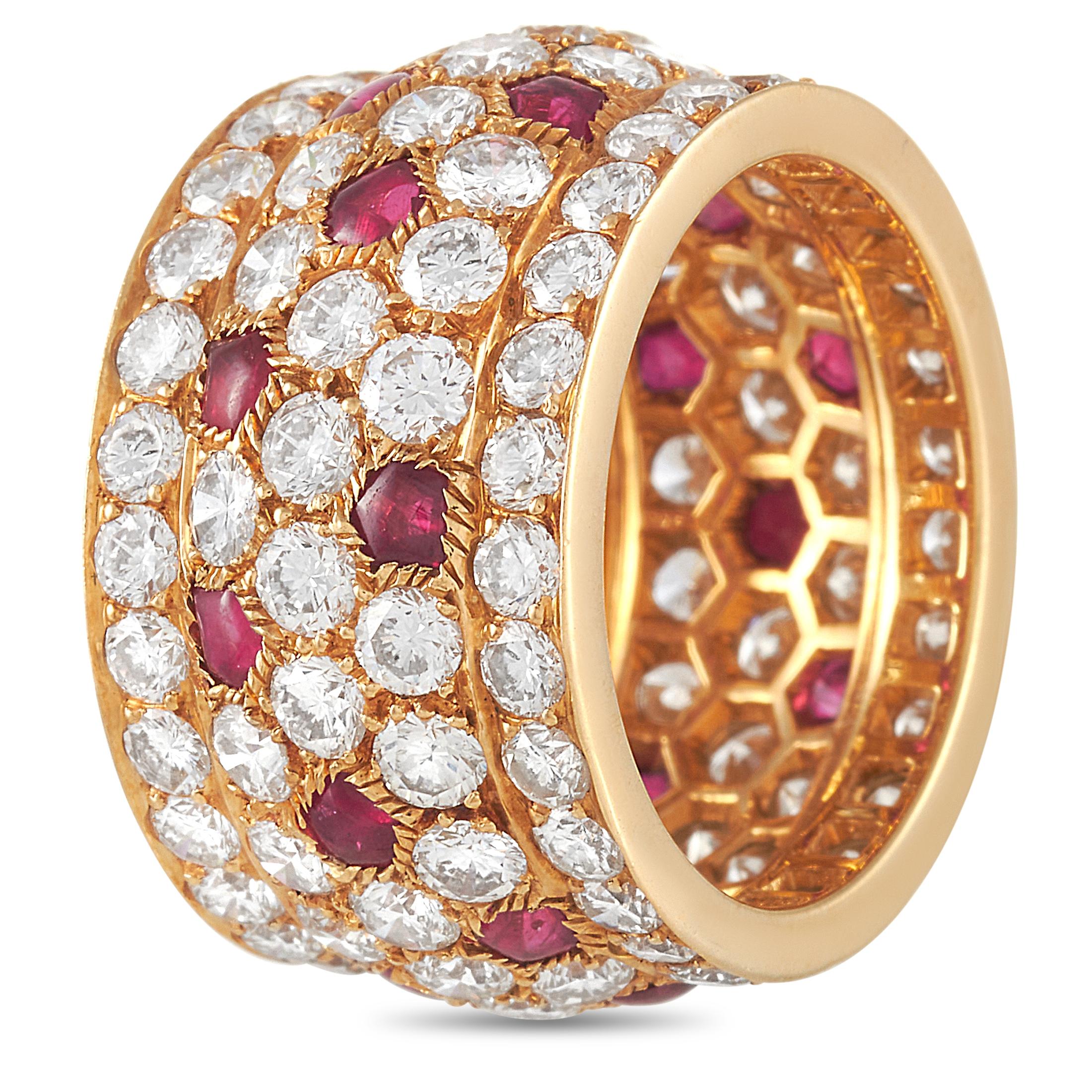 Incredibly sophisticated in design, this Cartier ring, from the Nigeria collection, is a celebration of color and form. Multiple rows of shimmering diamonds contrast beautifully against this design’s inset rubies accents and lavish 18K yellow gold