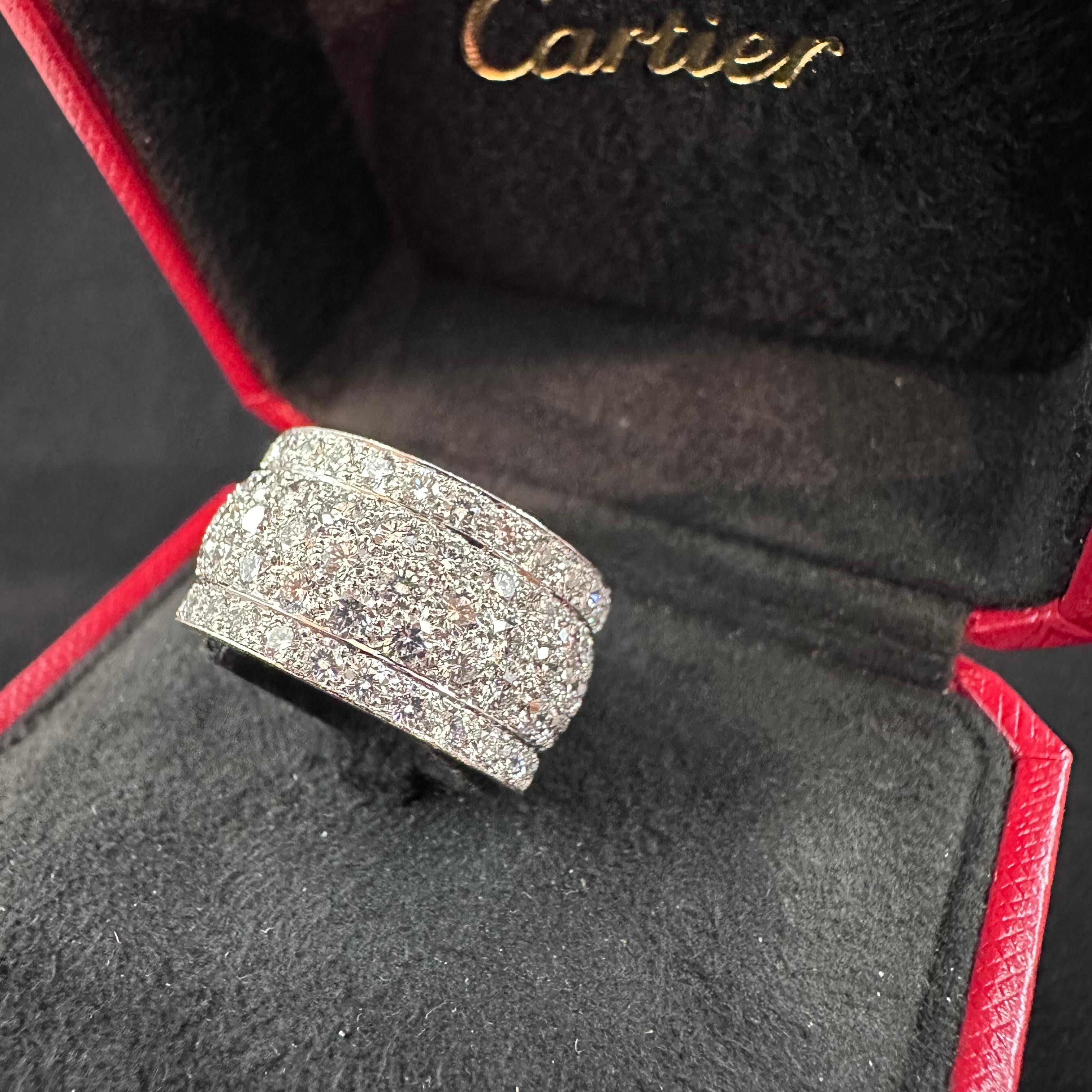This stunning Cartier 5-row dome band from the iconic Nigeria collection is crafted in 18k white gold and pave-set with round Brilliant E-F VVS diamonds of an estimated 5.50 carats. Size 56. Made in France circa 
Hallmarked & Numbered Cartier 750
