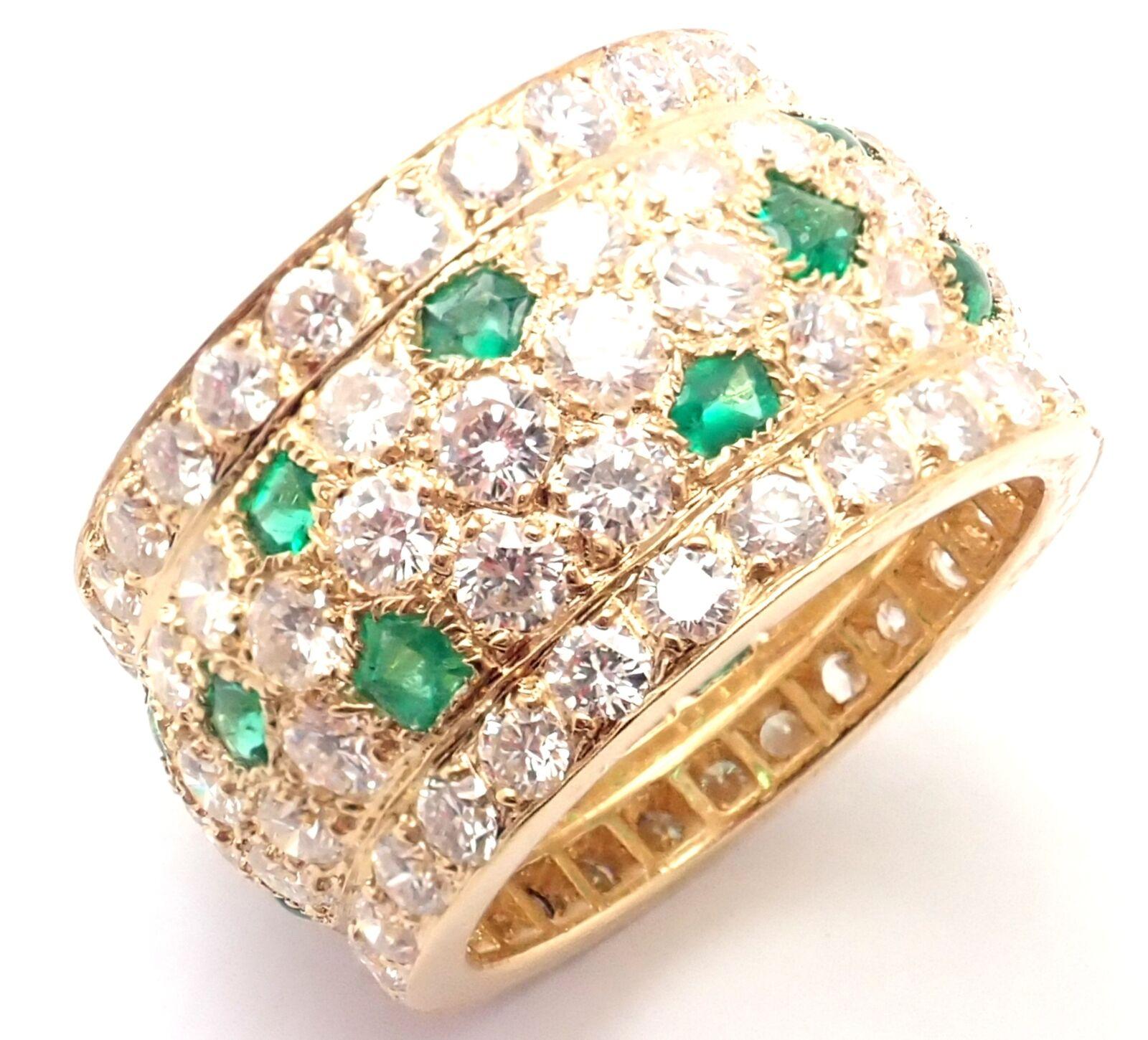 Brilliant Cut Cartier Nigeria Diamond Emerald Wide Yellow Gold Band Ring For Sale