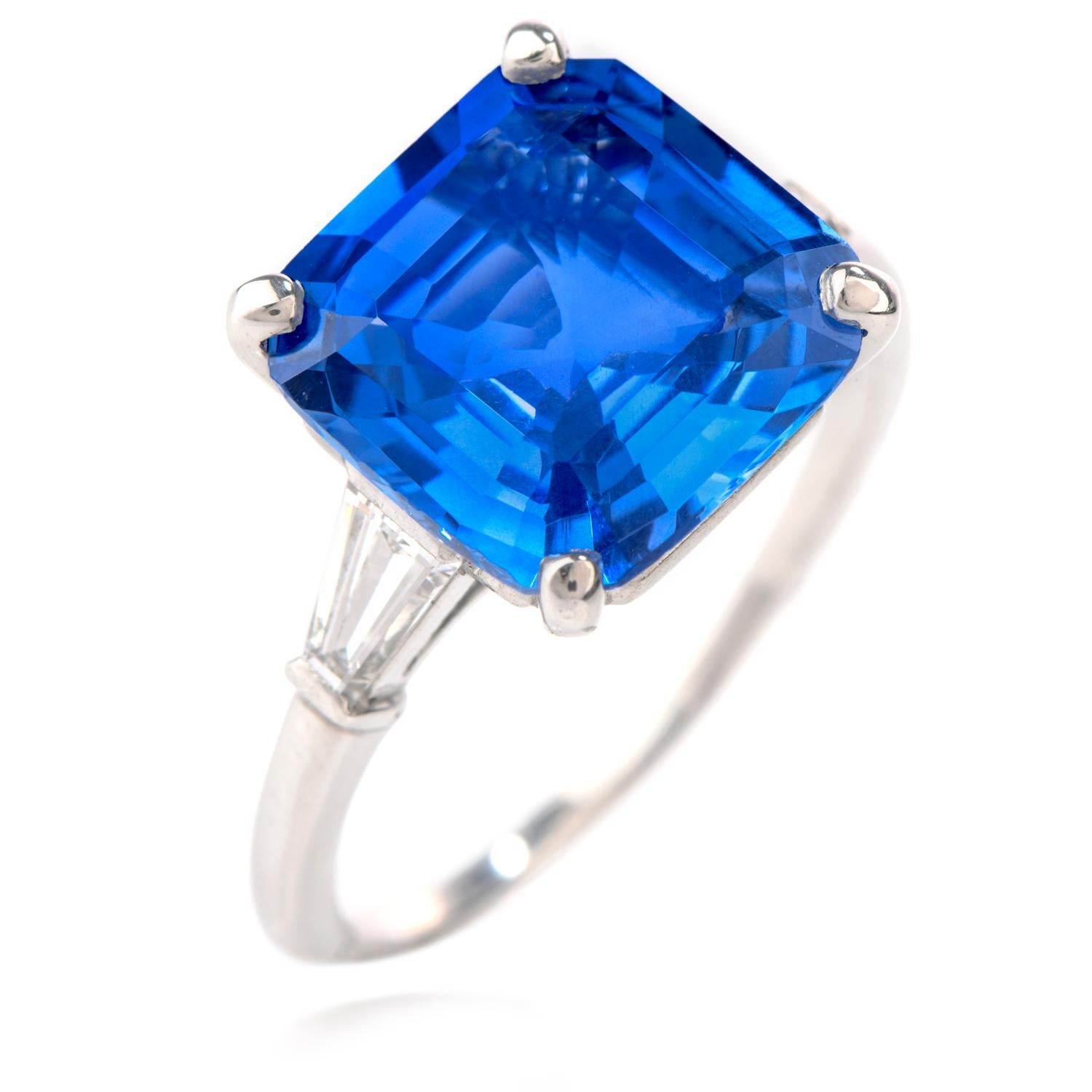 This exquisite Cartier engagment ring was inspired in a classic design and 

crafted in Luxurious Platinum.  

Prominently feauring a burst of color with a Natural No Heat

Sri Lankan Ceylon Asscher cut Sapphire, AGL certified 5.37 carat, measuring