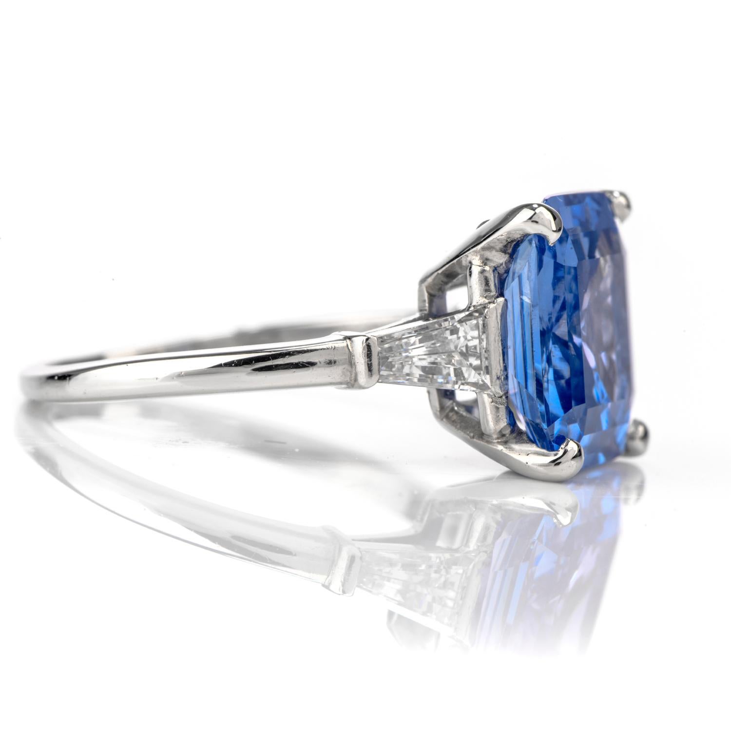 Emerald Cut Cartier No Heat Ceylon Natural Sapphire Diamond Engagement Ring, AGL Certified