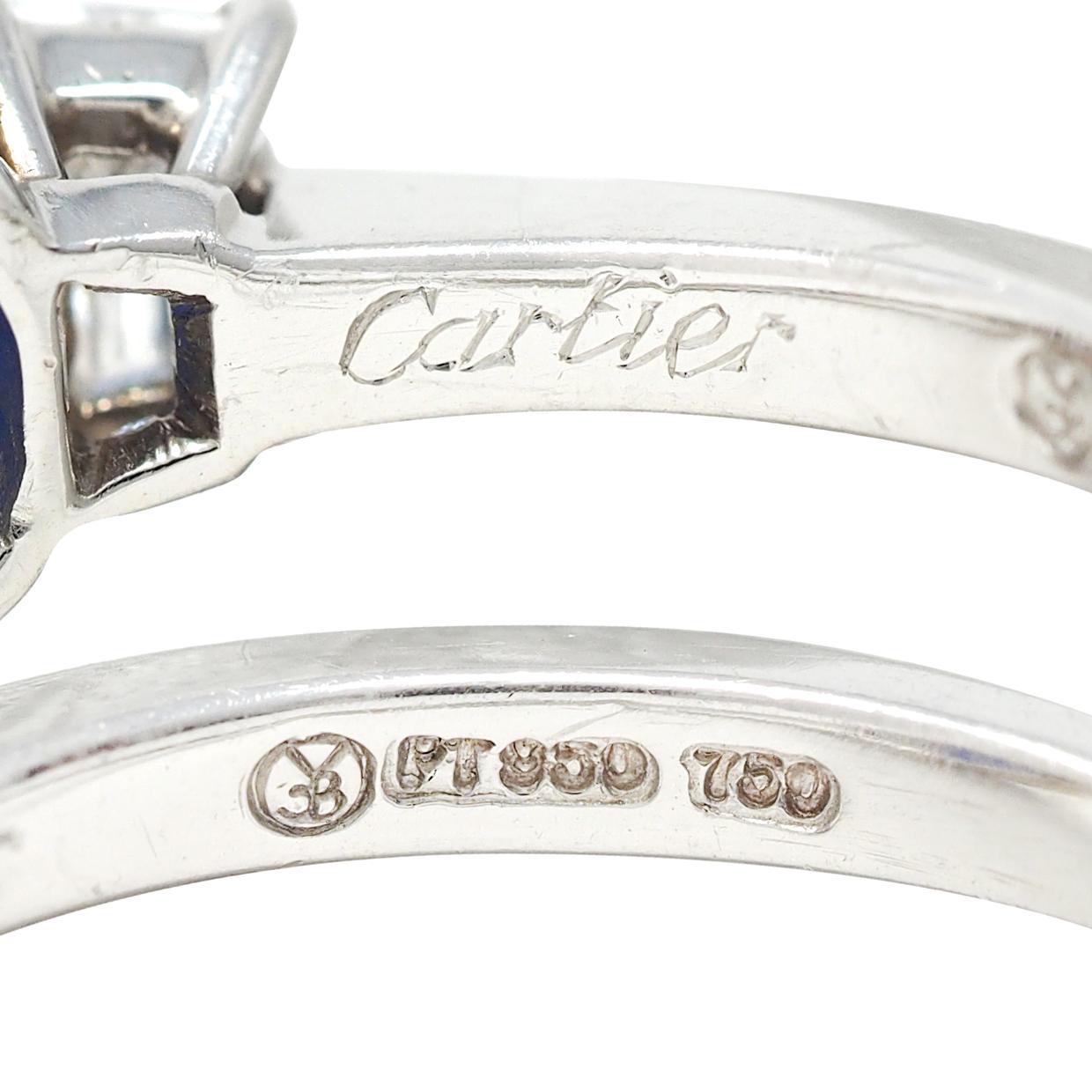 Cartier No Heat Sapphire Diamond Platinum 18K Gold Vintage Three Stone Ring For Sale 4