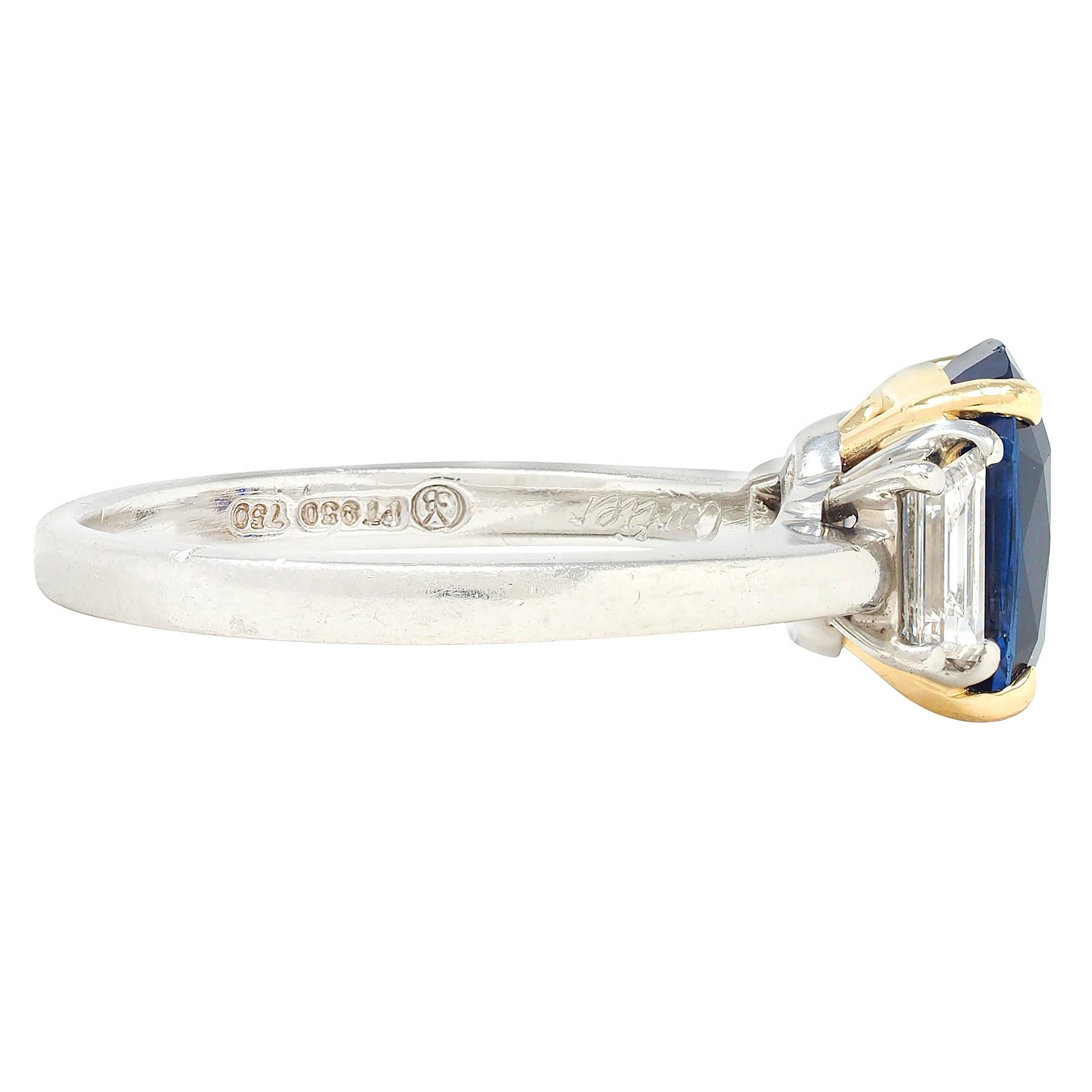 Cushion Cut Cartier No Heat Sapphire Diamond Platinum 18K Gold Vintage Three Stone Ring For Sale