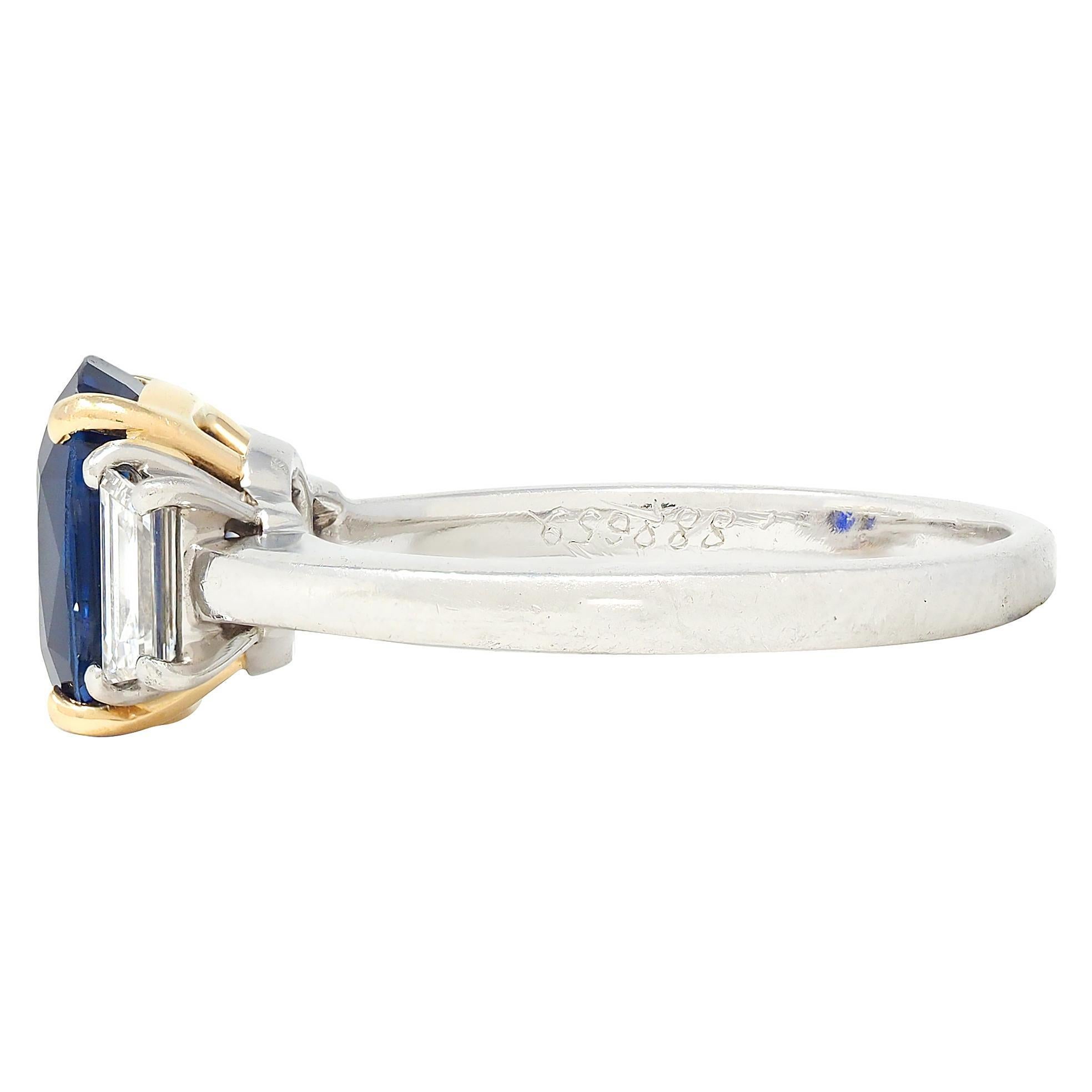 Women's or Men's Cartier No Heat Sapphire Diamond Platinum 18K Gold Vintage Three Stone Ring For Sale