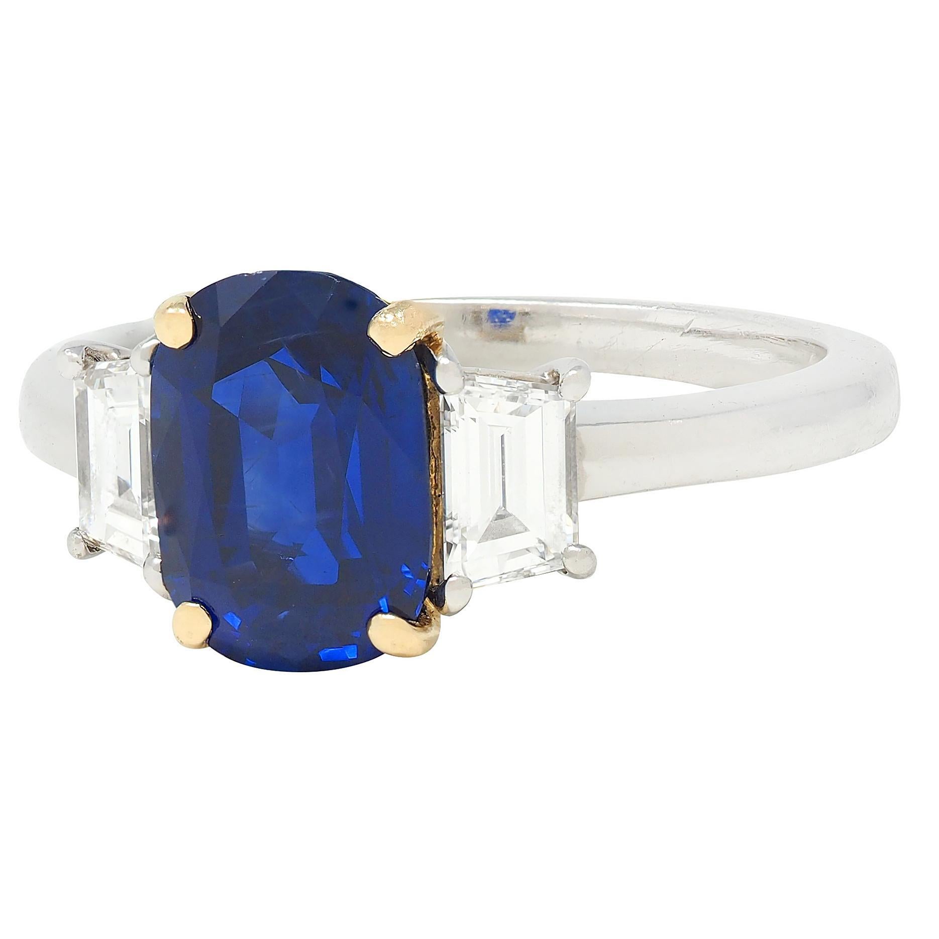 Cartier No Heat Sapphire Diamond Platinum 18K Gold Vintage Three Stone Ring For Sale 1