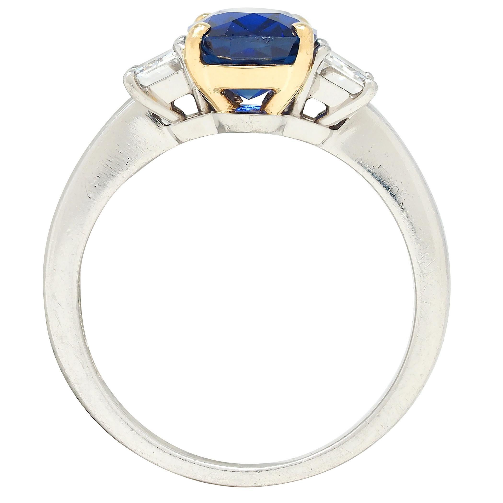 Cartier No Heat Sapphire Diamond Platinum 18K Gold Vintage Three Stone Ring For Sale 3