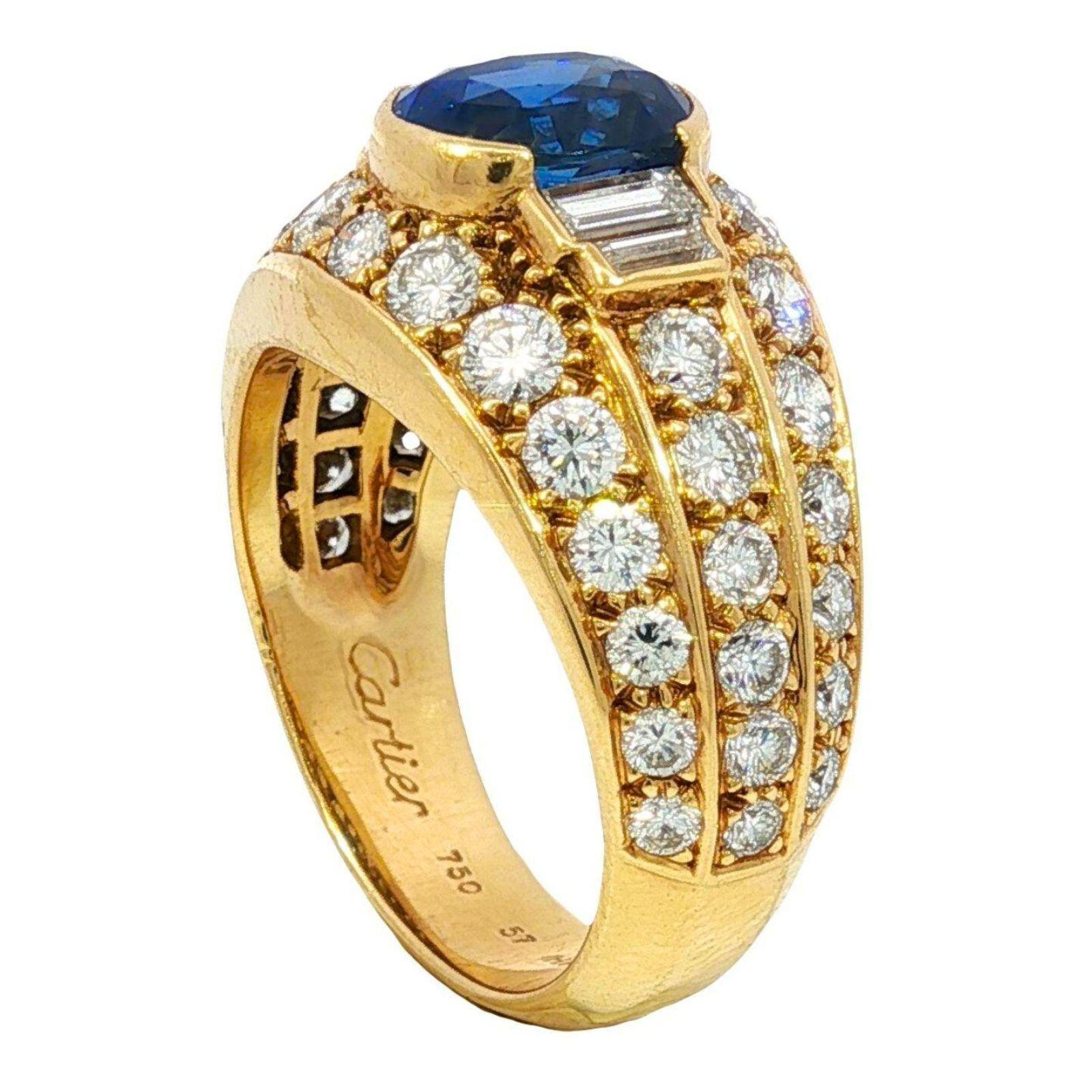 Cartier No Heat Anello con zaffiro e diamante blu reale in oro giallo 18 carati ~5.71ctw In condizioni ottime in vendita a Fairfield, CT