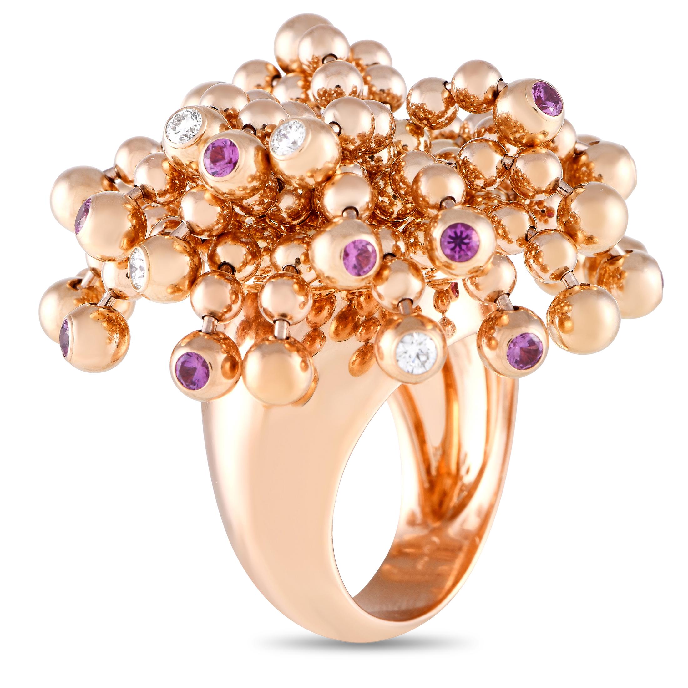 A luxurious bead tassel ring designed with Parisian style sensibility.  This rose gold cocktail ring from Cartier Paris' Nouvelle Vague collection features a wide, domed band that tapers toward the back. The ring is topped with a cluster of bead