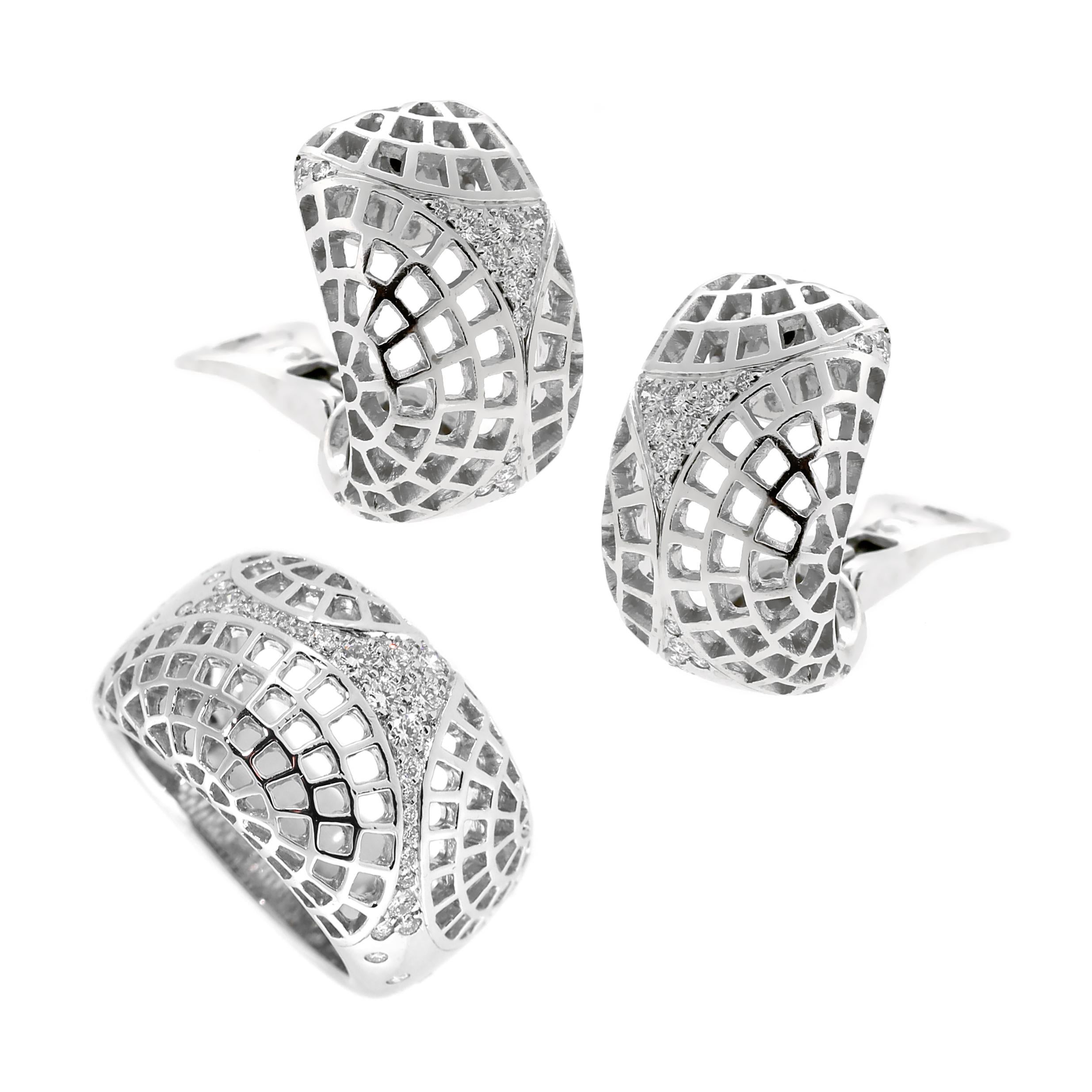 Round Cut Cartier Nouvelle Vague Diamond White Gold Earring & Ring Set For Sale