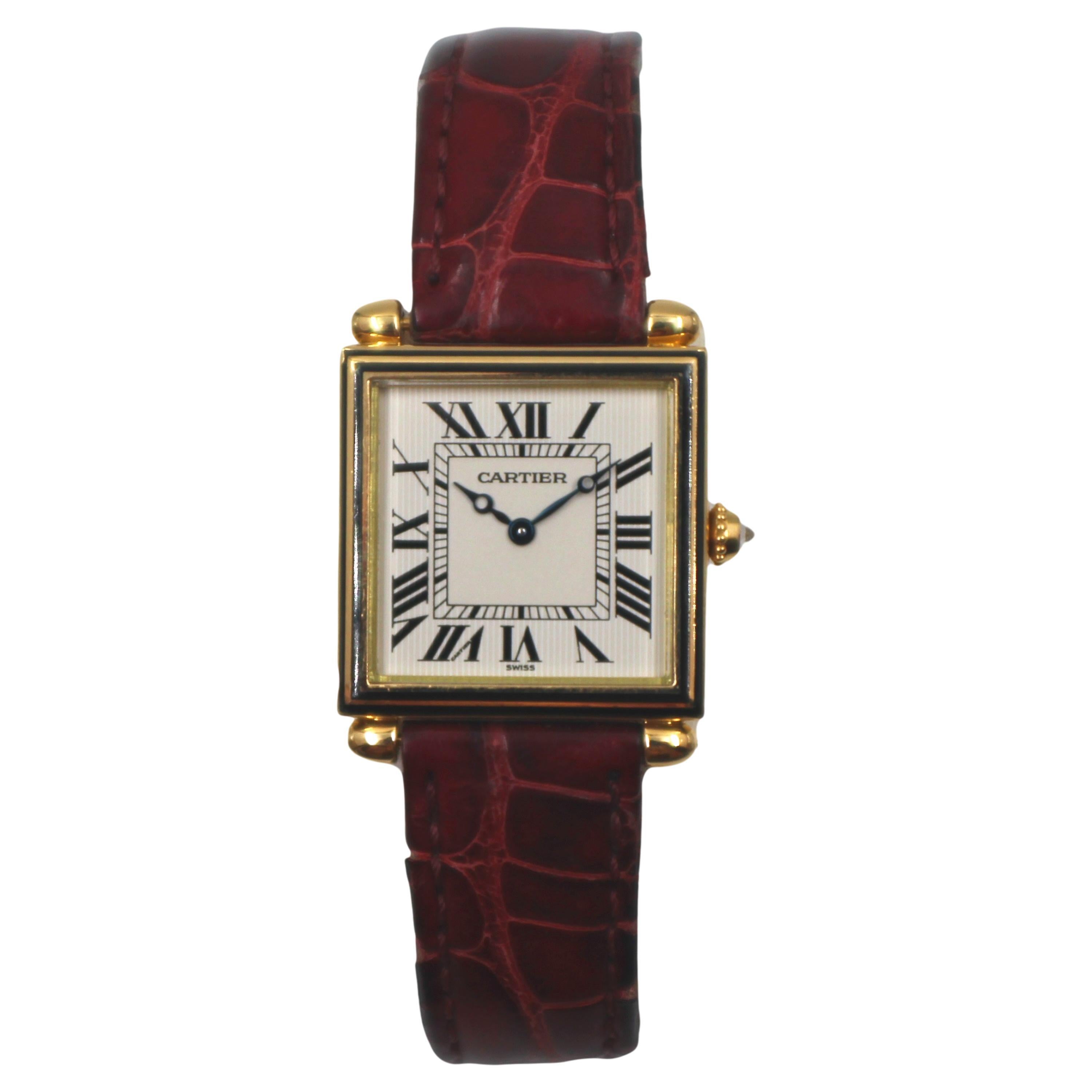 Cartier Obus Carree 1990 Boîtier en émail noir et aiguilles Breguet 24mm D'occasion en vente