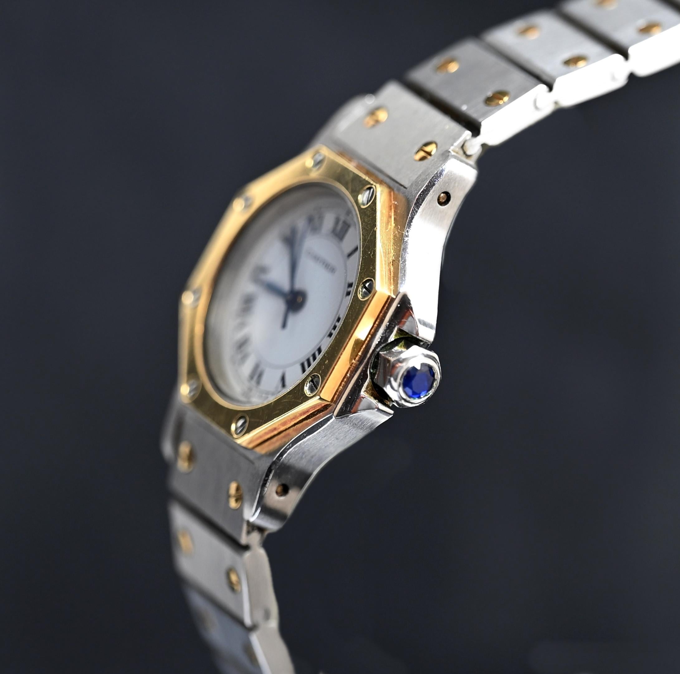 Cartier Octagon 25mm Zweifarbiges 18K YG & Edelstahl Santos Auto. 0907, 1980er Jahre im Zustand „Gut“ in Central & Western District, HK