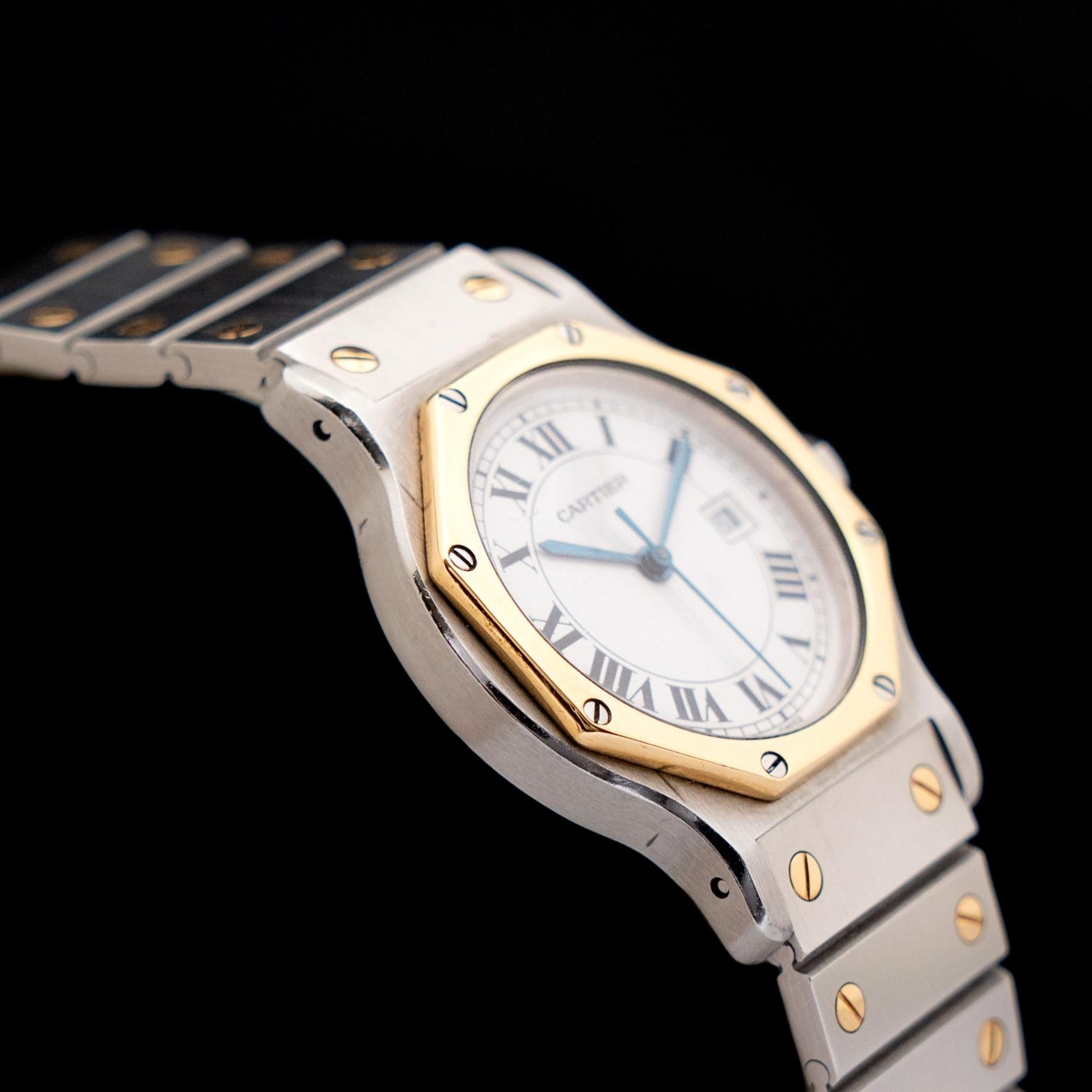 Cartier Octagon 30mm Two-Tone Yellow Gold & Stainless Steel Santos Auto., 1980s In Good Condition In Central & Western District, HK