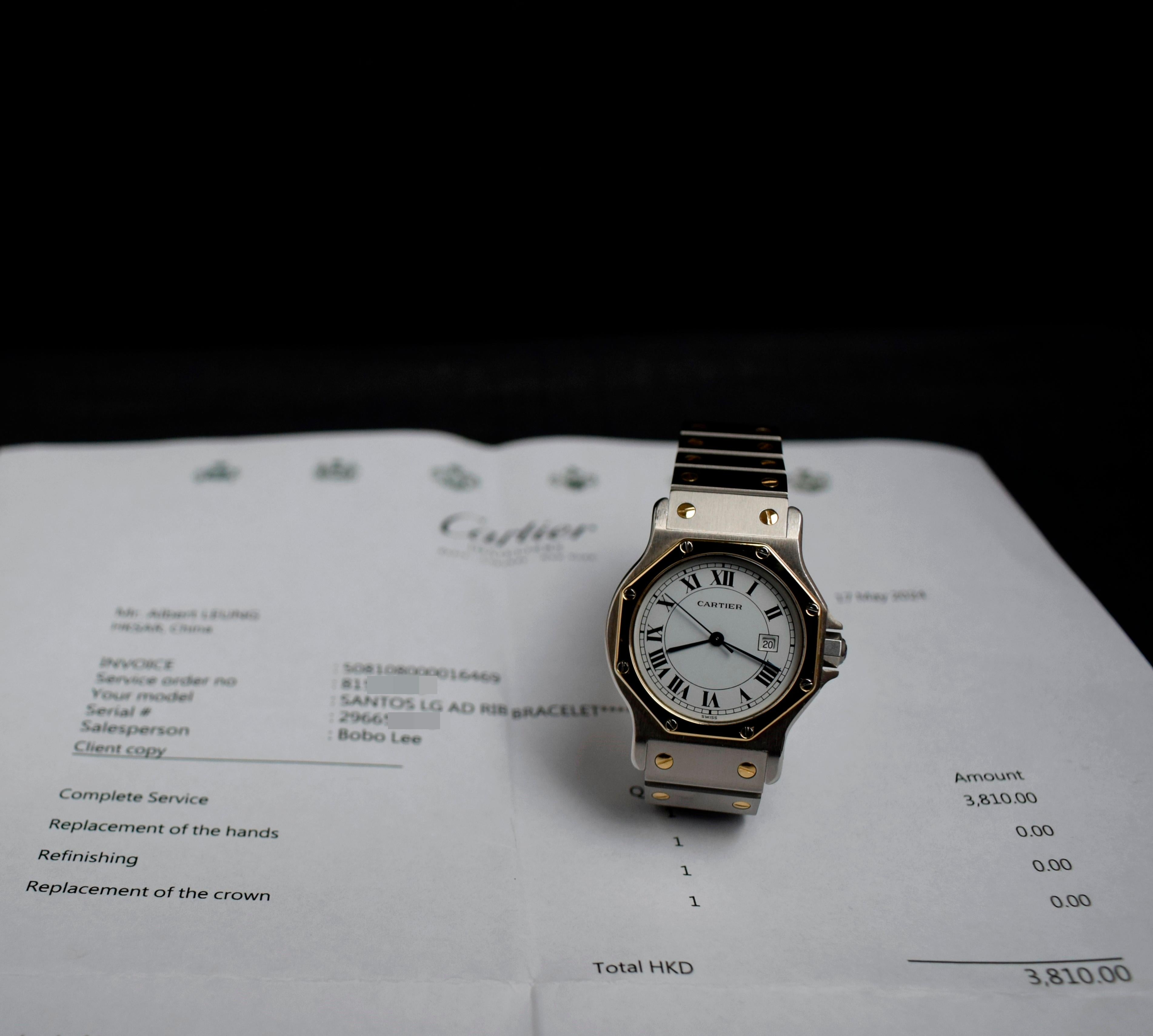 Brand: Cartier
Model: Santos Octagon 2966
Year: 1980 - 1990’s
Serial Number: 2966xxxxx
Reference: C04084

Case: size 30 x 40 mm Stainless Steel & 18K Yellow Gold Case; Cartier model and serial numbers engraved on the case back

Dial: Excellent Aged