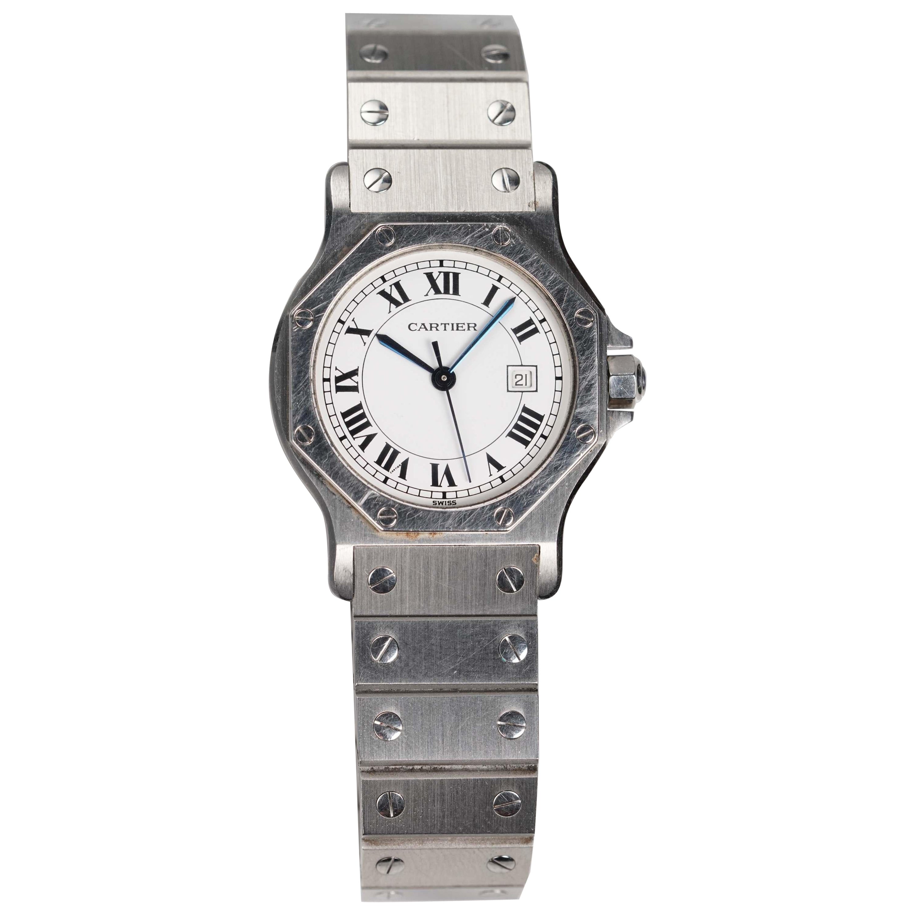 Reloj Cartier Octógono Blanco Esfera Romana, Años 1980-90