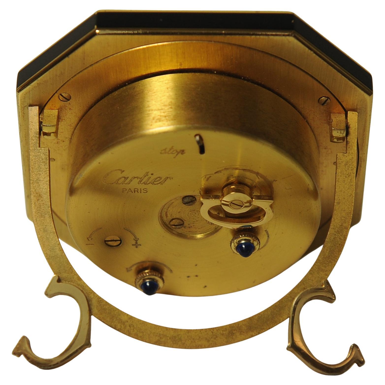 Cartier Octagonal Mechanical 8-Day Movement Desk Clock Gilt Metal Black Enamel 1