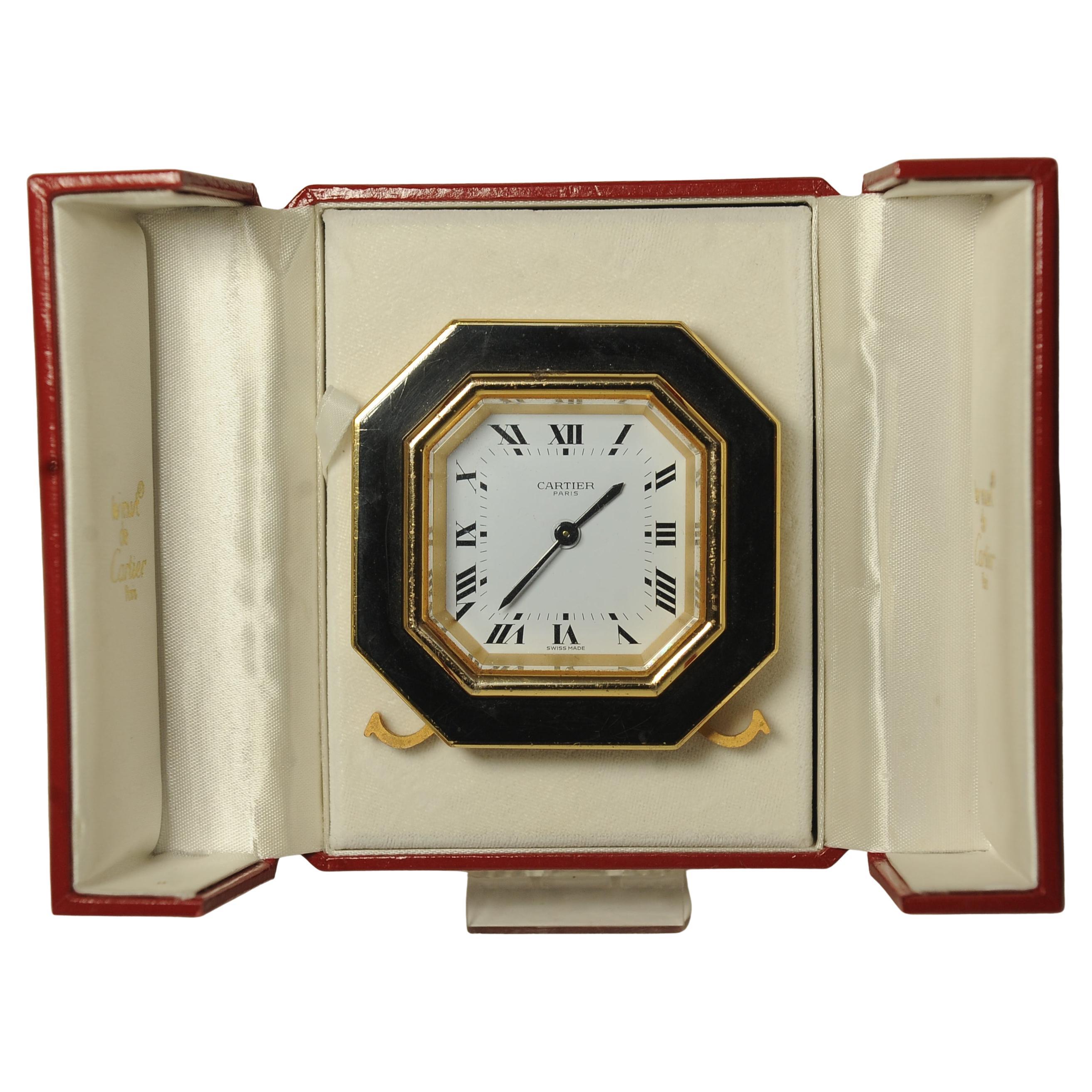 Rococo Cartier Octagonal Mechanical 8-Day Movement Desk Clock Gilt Metal Black Enamel